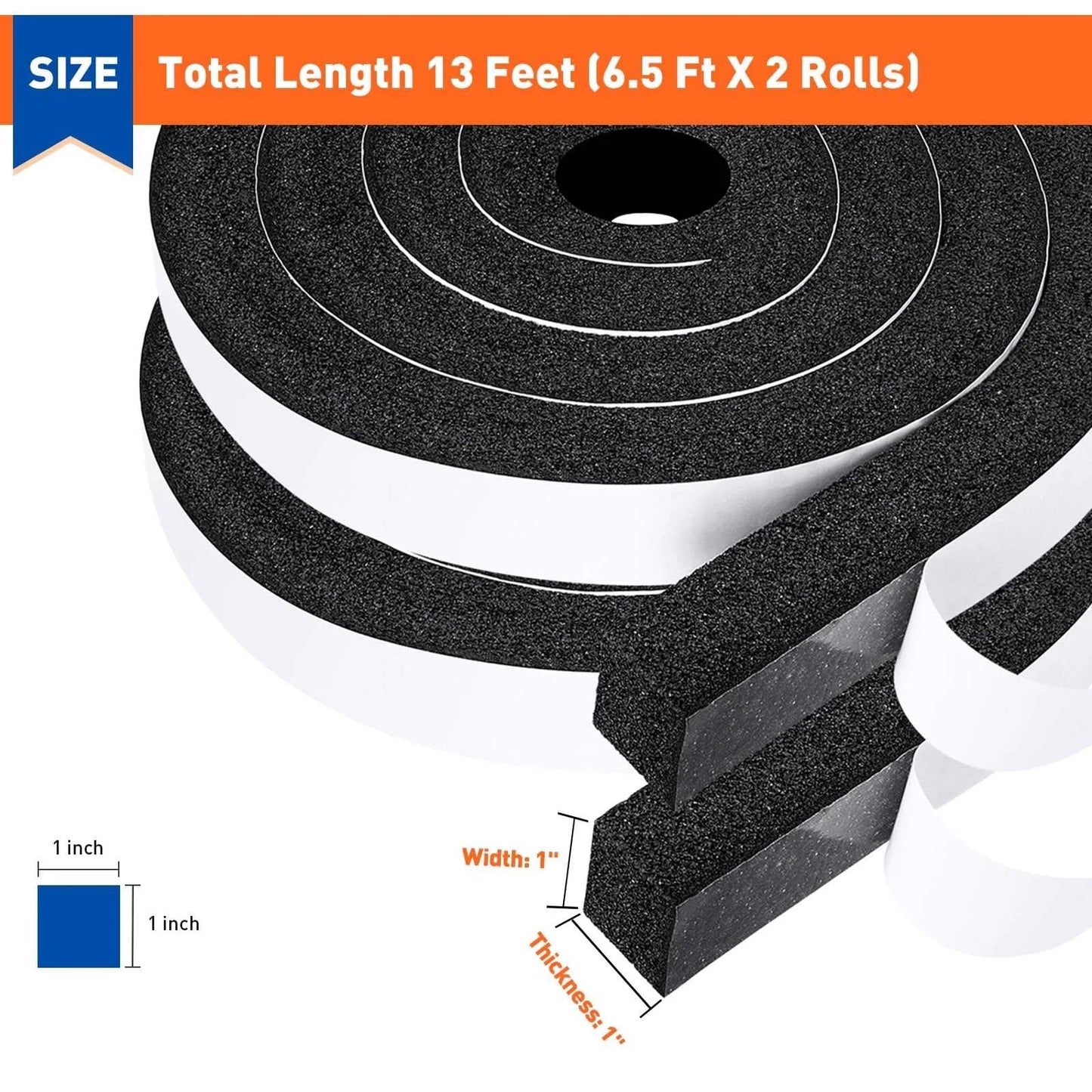 Weather Stripping Door Seal Tape 1 Inch Wide by 1 Inch Thick 13 Feet Total 6.5 Ft Each 2 Rolls Black Foam Insulation Tape showing size and thickness.