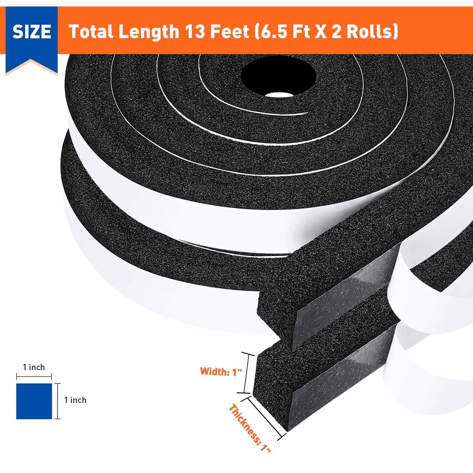 Weather Stripping Door Seal Tape 1 Inch Wide by 1 Inch Thick 13 Feet Total 6.5 Ft Each 2 Rolls Black Foam Insulation Tape showing size and thickness.