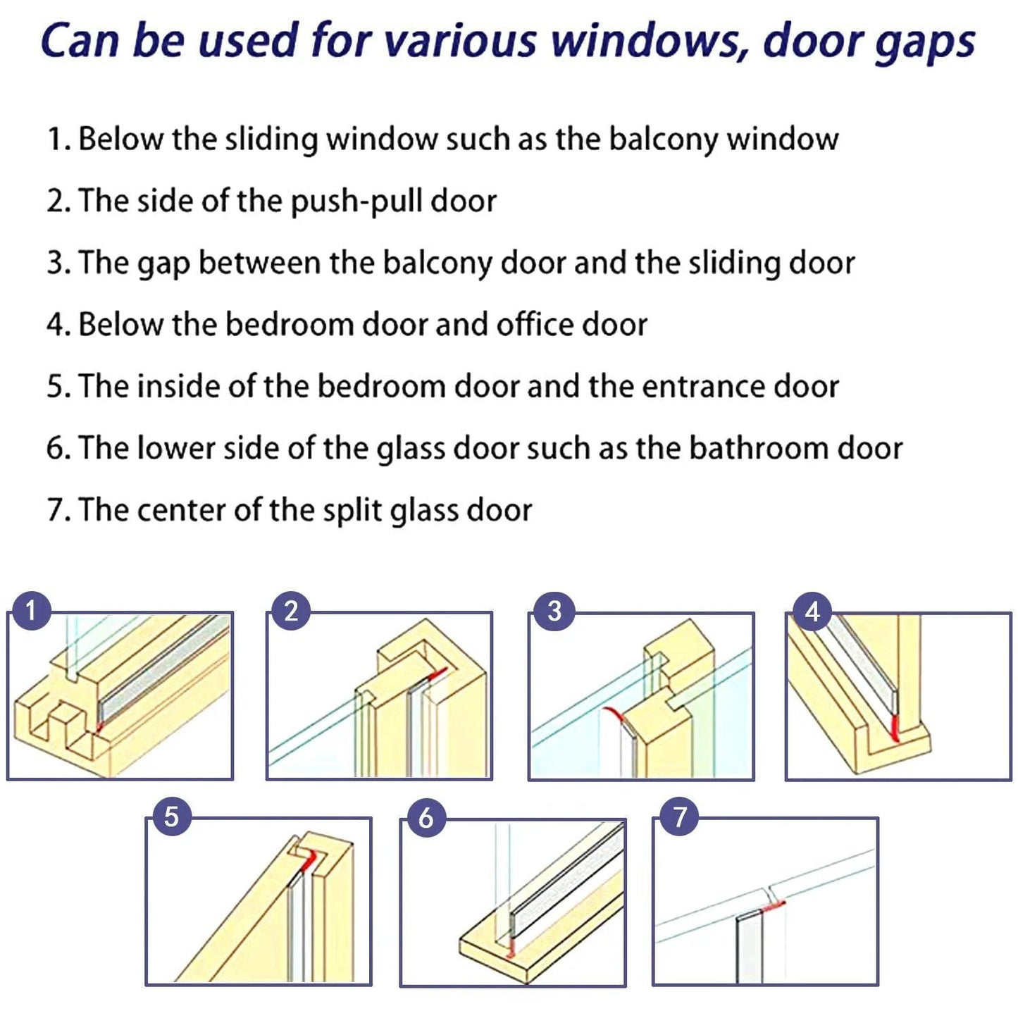 Image showing various applications for Weather Stripping Transparent Adhesive Silicone Tape 33 Feet Long 25mm Wide for doors and windows.