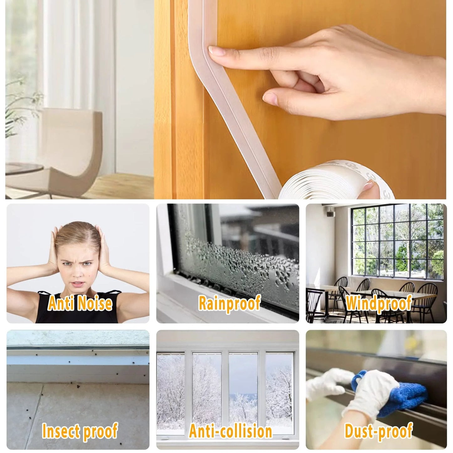Close-up of Must Have 33.5 Ft Weather Stripping Door Seal Kit For Draft Blocking Self Adhesive Silicone Tape installed on a wooden door, showing its transparency.