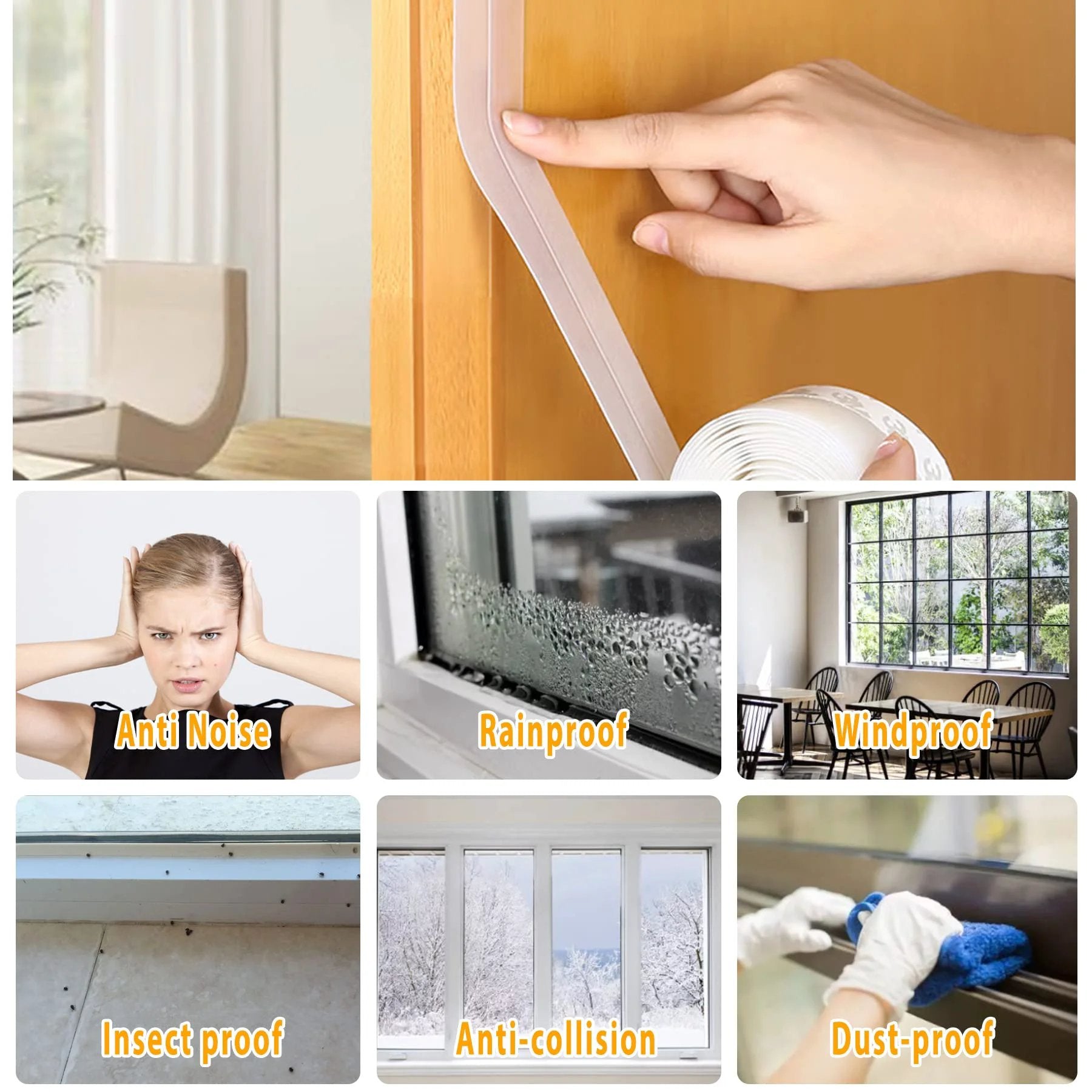 Close-up of Must Have 33.5 Ft Weather Stripping Door Seal Kit For Draft Blocking Self Adhesive Silicone Tape installed on a wooden door, showing its transparency.