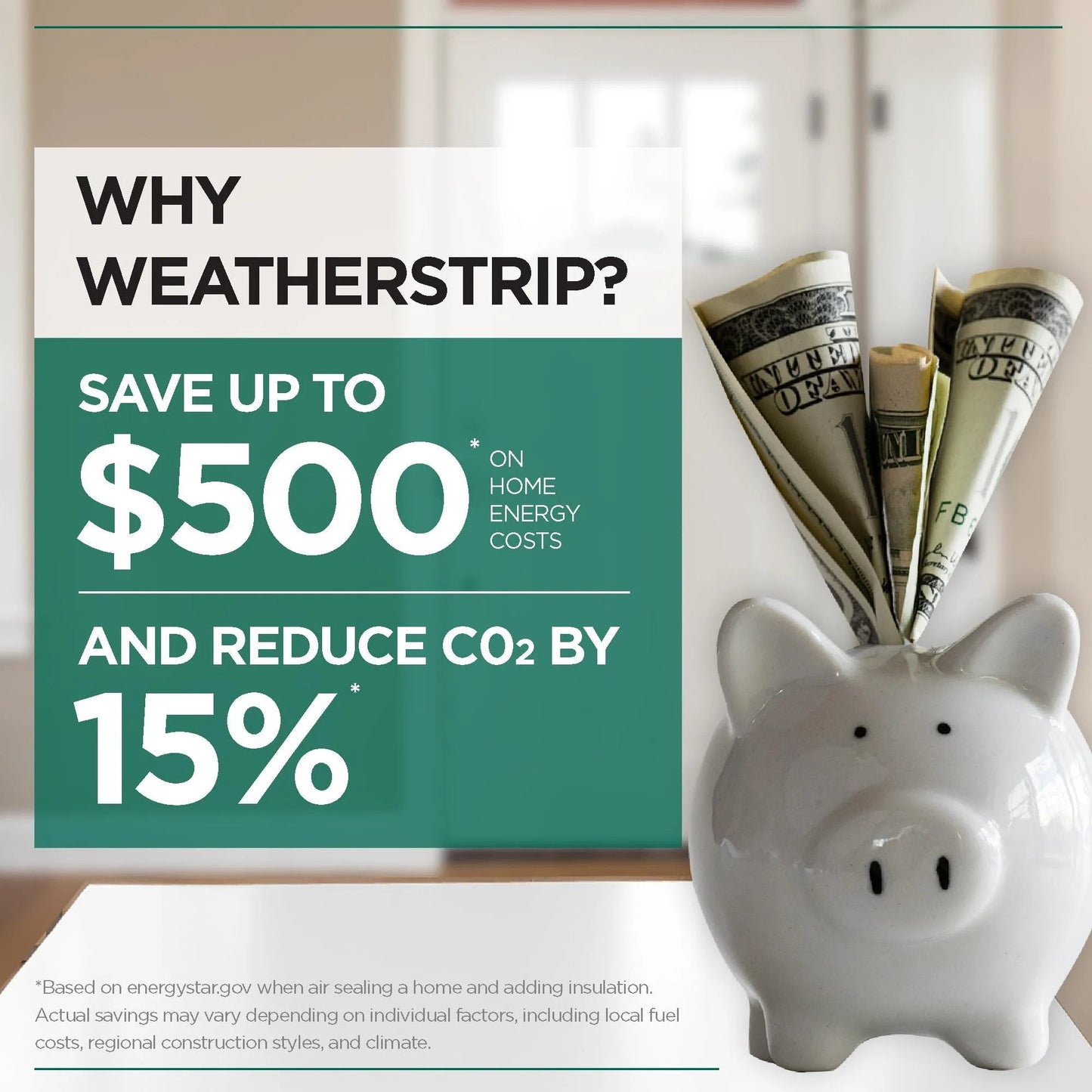 Graphic explaining energy savings from weatherstripping, featuring a piggy bank with cash and energy cost statistics.