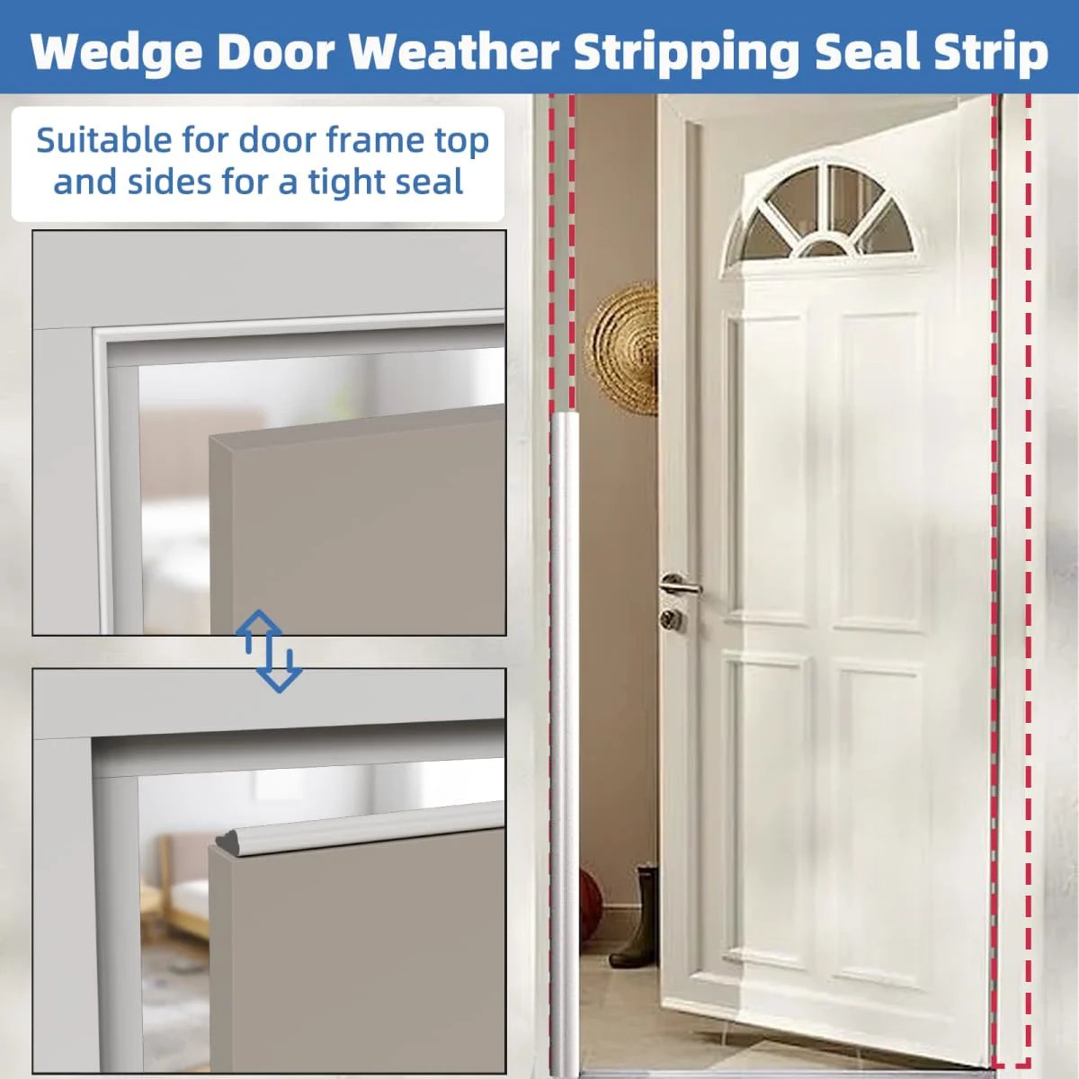 Wedge Style Door Weather Stripping Seal 118 Inch for Exterior Front Door Side White With Upgraded Black Foam installed fitting