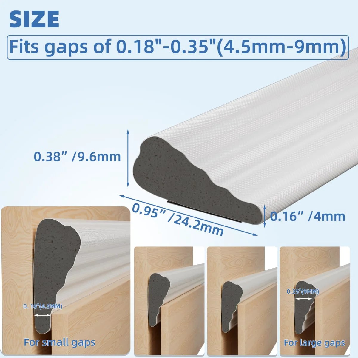 Wedge Style Door Weather Stripping Seal 118 Inch for Exterior Front Door Side White With Upgraded Black Foam, showing size fit for gaps.