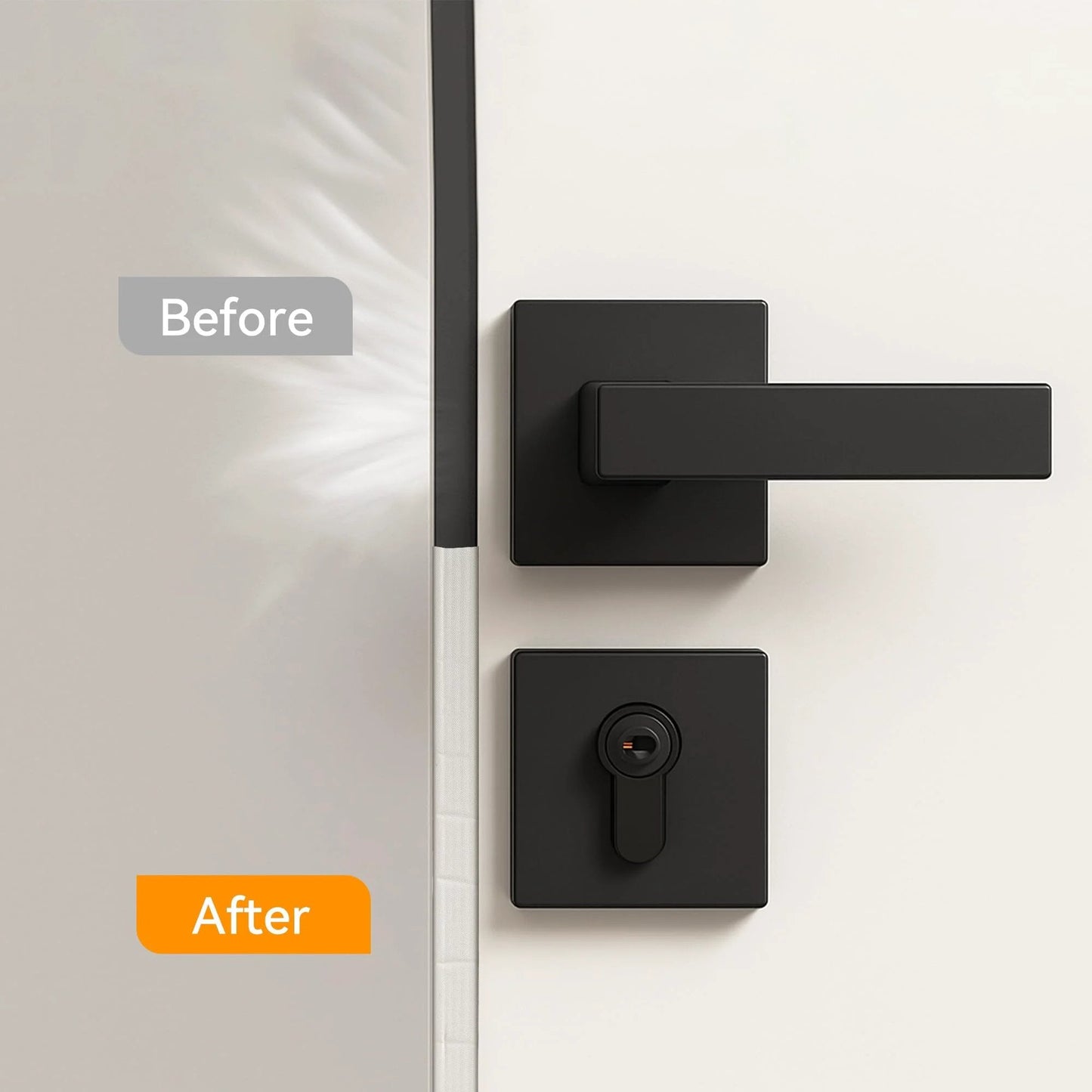 Before and after image of 236 Inch Wedge Shaped Foam Door And Window Seal Strip Self Adhesive Weather Stripping installed on a door.