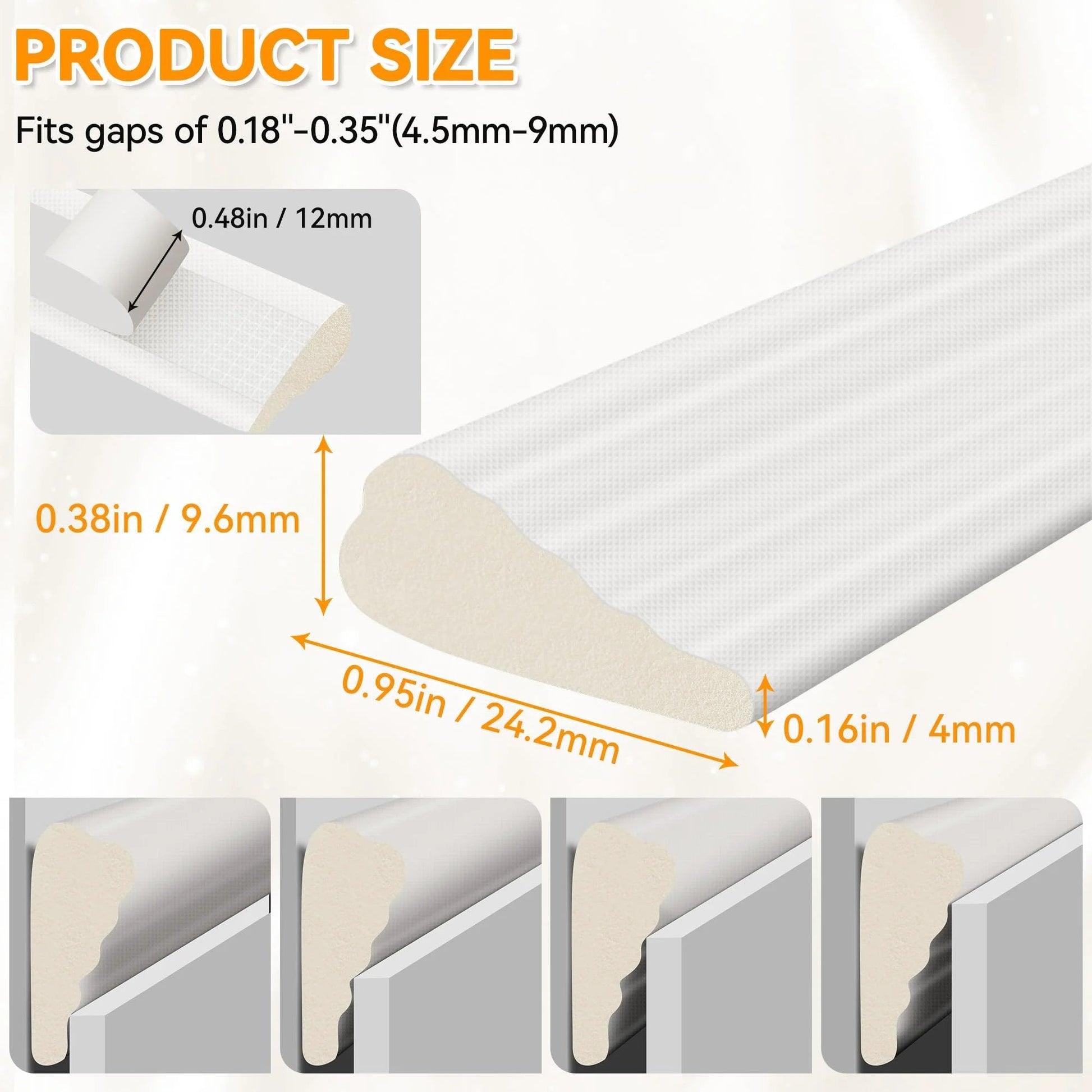 Close-up of 236 Inch Wedge Shaped Foam Door And Window Seal Strip Self Adhesive Weather Stripping Draft Stopper showing dimensions and fit for gaps.