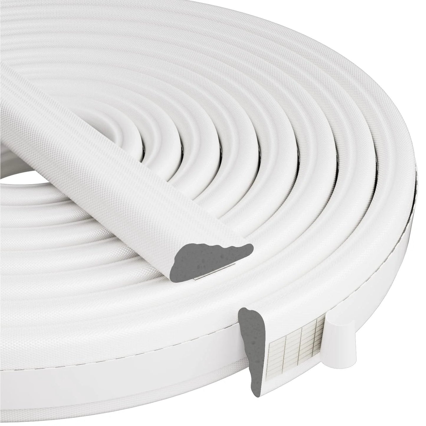 Wedge Style Door Weather Stripping Seal 118 Inch for Exterior Front Door Side White With Upgraded Black Foam coil showing texture and shape.