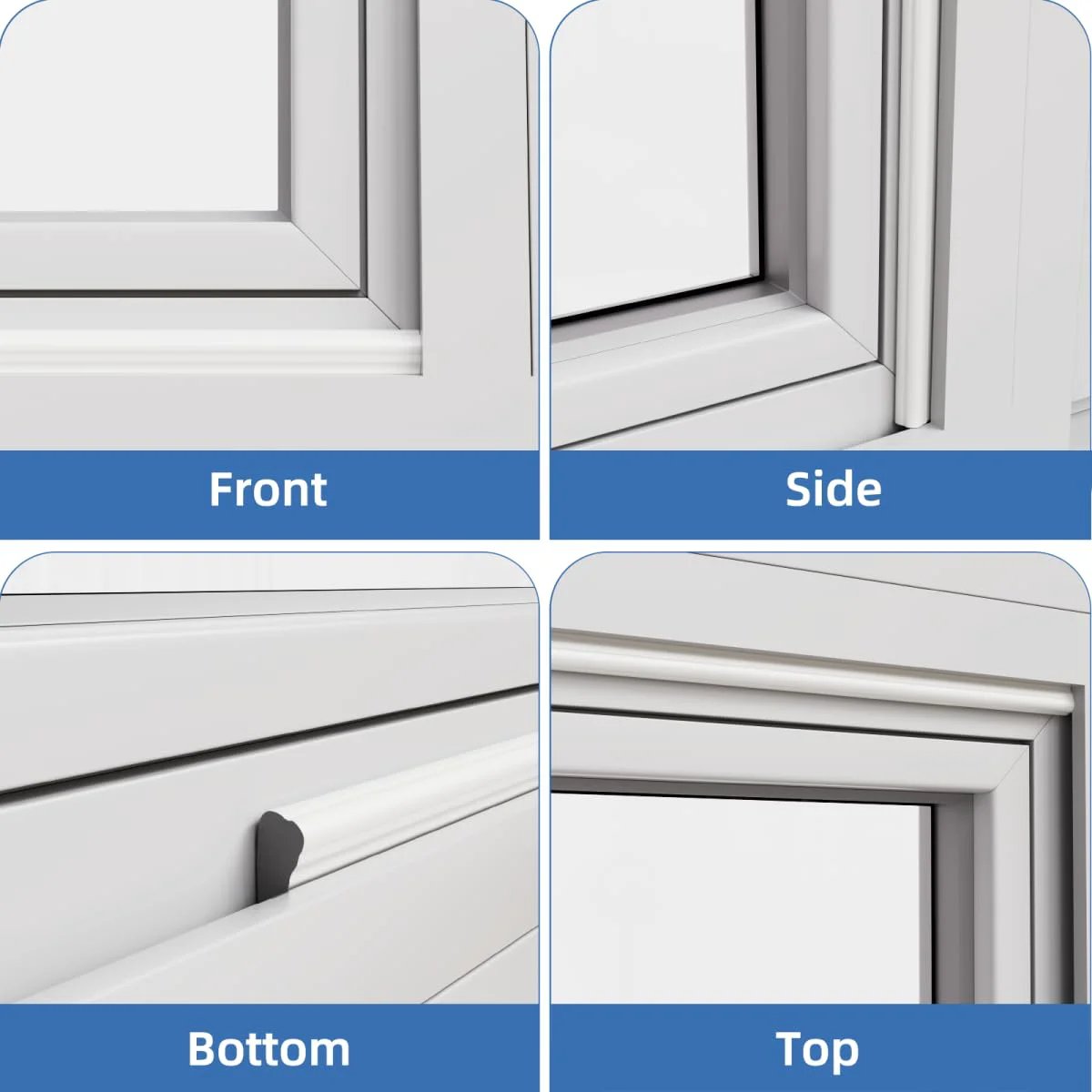 Front and side views of Wedge Style Door Weather Stripping Seal 118 Inch for Exterior Front Door Side White with upgraded black foam.