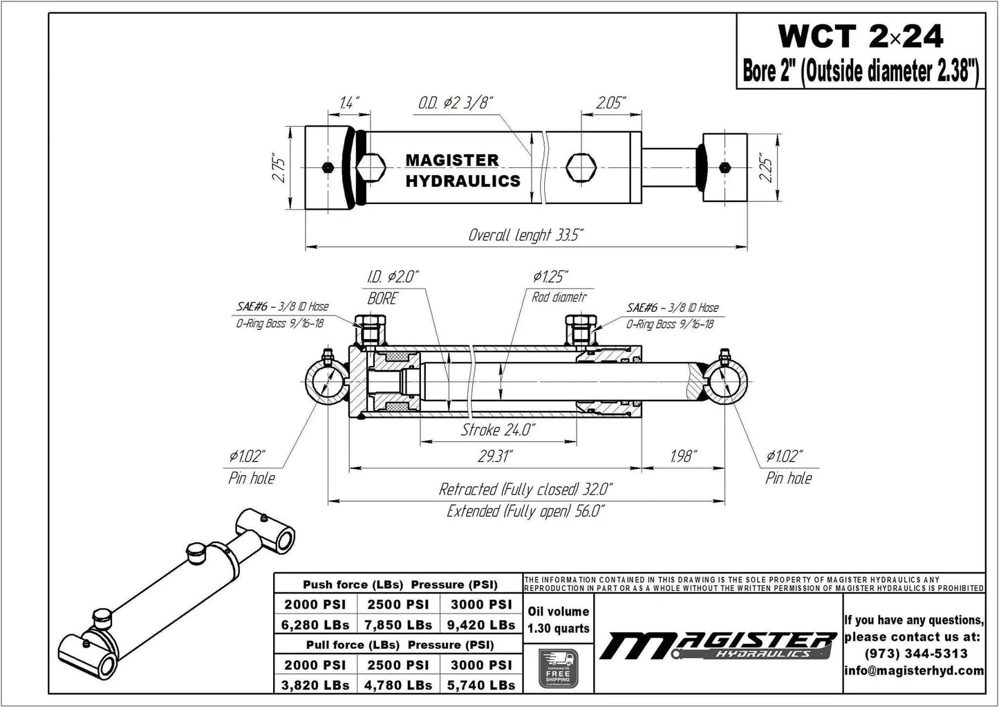 Engineering diagram of Direct From Manufacturer 2 Inch Bore 24 Inch Stroke Welded Heavy Duty Hydraulic Cylinder With Cross Tube Ends Double Acting Piston 3500 PSI Rating 8400 Lb Load SAE 6 Ports Universal Hydraulic Ram Magister.