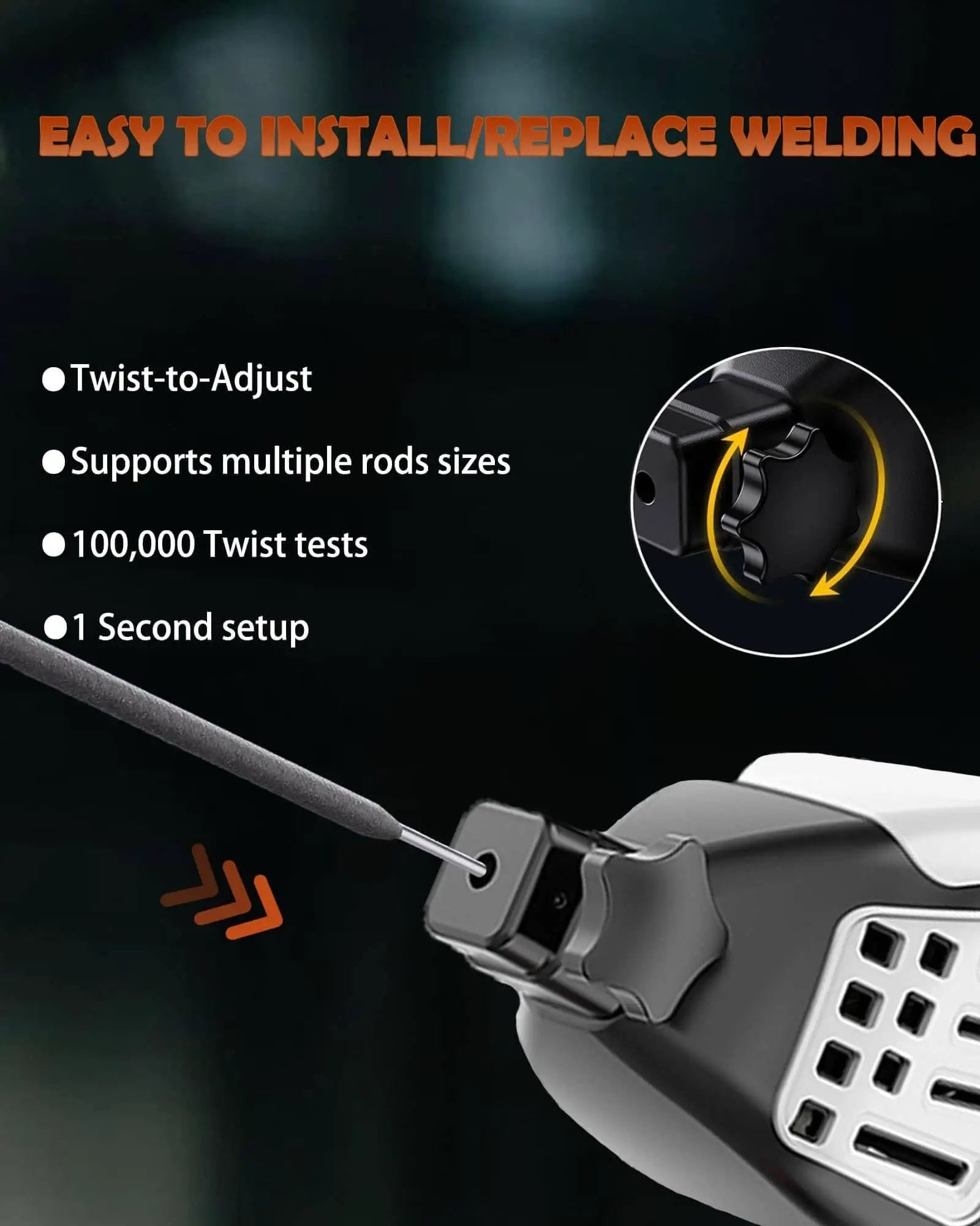 Close-up of Pro Grade 120 Amp Portable Welder with adjustable twist mechanism, suitable for 3 32 inch wire rods, showcasing easy setup.