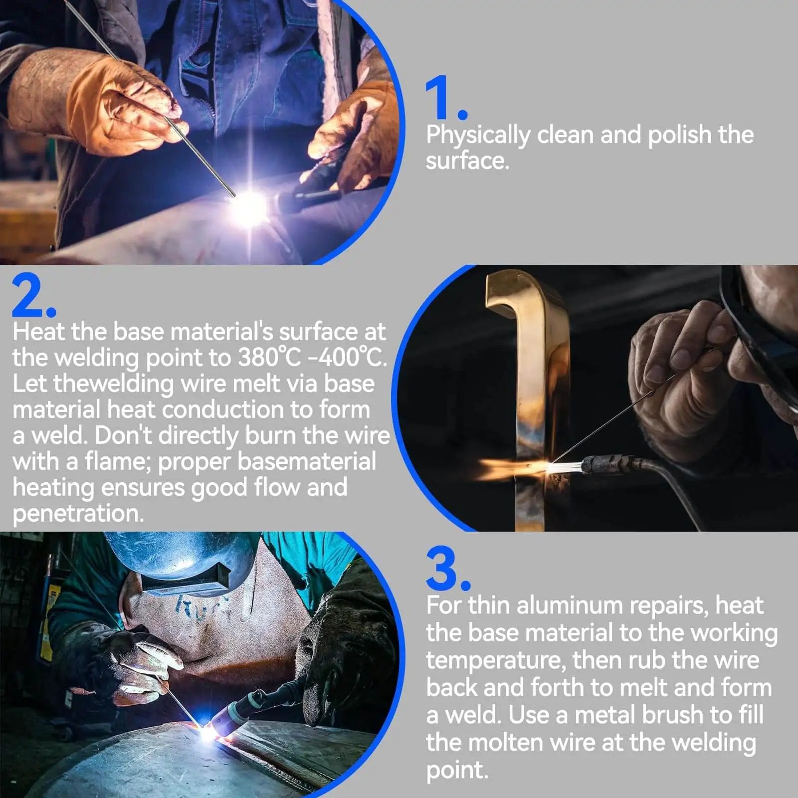 Welding instructions using Aluminum Brazing Rods 50 Pack Low Melt Aluminum Welding Rods 716 To 752 Degrees Fahrenheit Flux Core No Flux Required