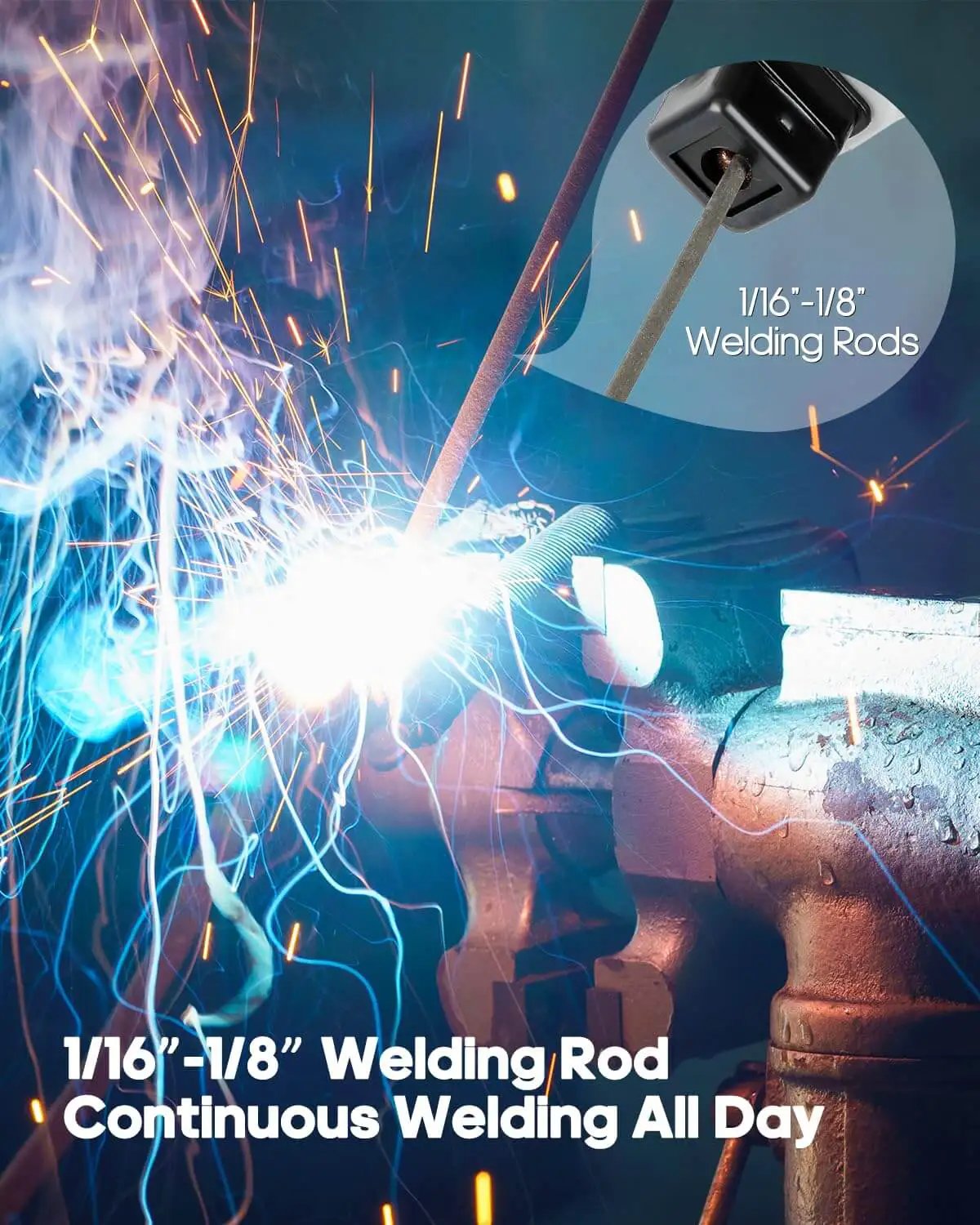 Portable Handheld Welder Inverter 110V with IGBT Tech in use with 1/16 inch welding rods producing blue sparks during welding