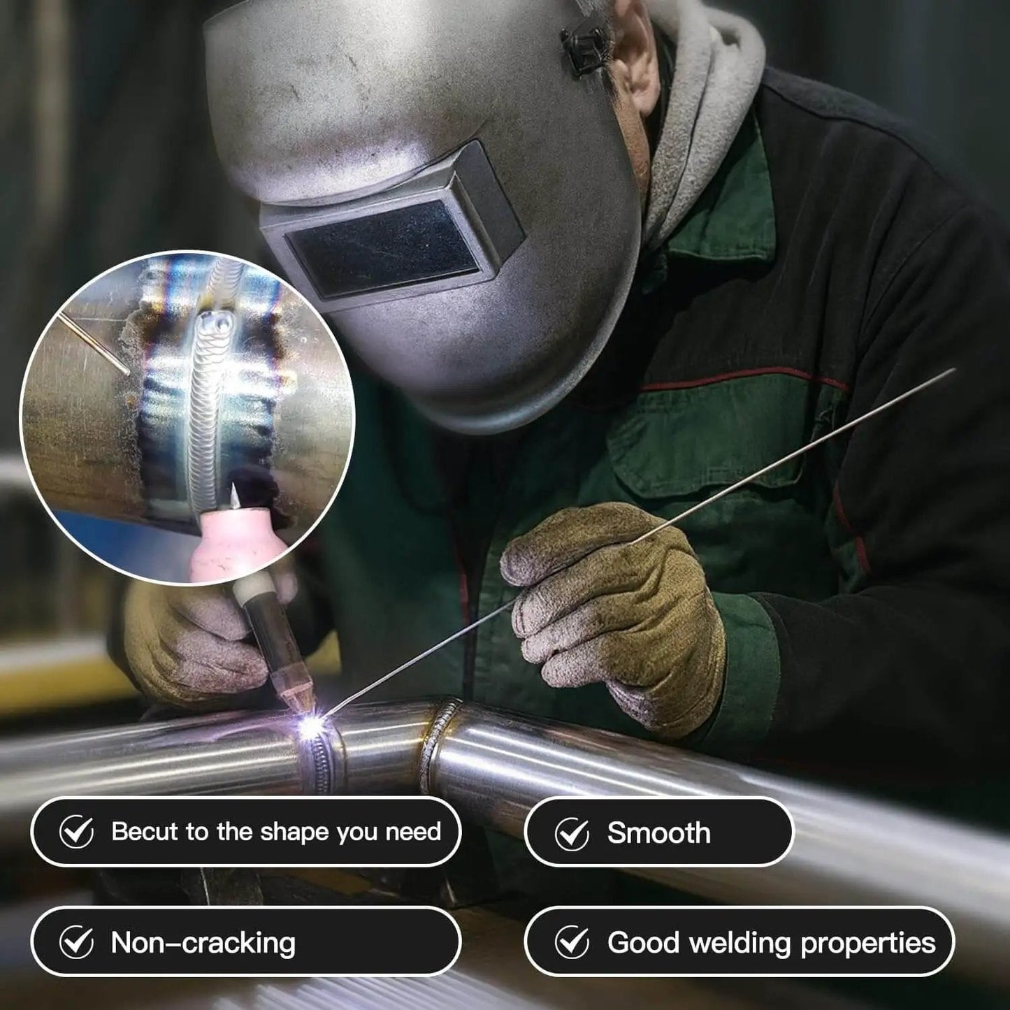 Welder using Pro Grade ER308L Stainless Steel TIG Welding Rods 1/16 X 16 In, 1 Lb Filler Wire for smooth, corrosion-resistant welds.