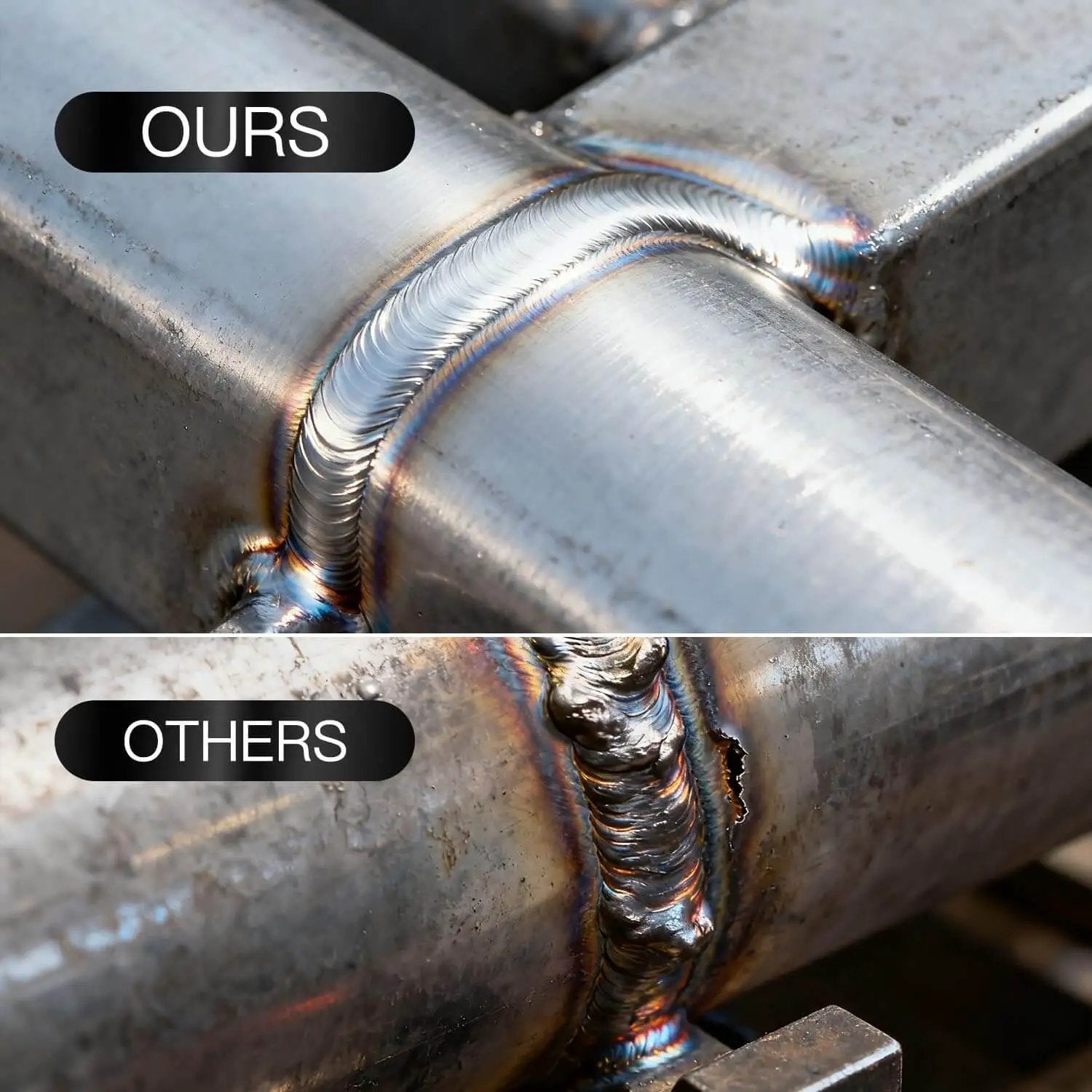 Comparison of Pro Grade ER308L Stainless Steel TIG Welding Rods' smooth bead to another weld on stainless steel structures