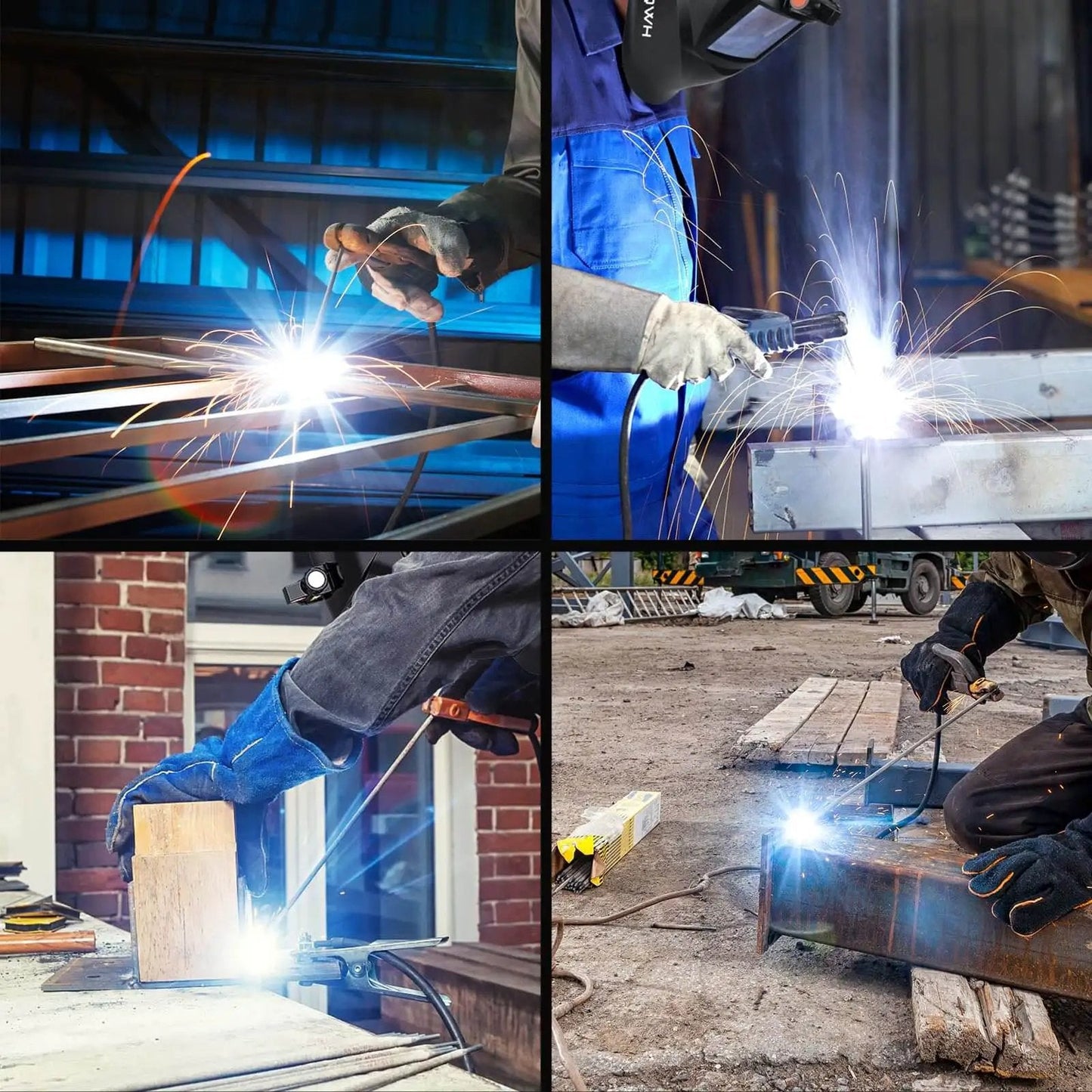 Four scenes of All Purpose One Eighth Inch Carbon Steel Welding Rods for Stick Welding E6013 Electrodes in various welding applications.