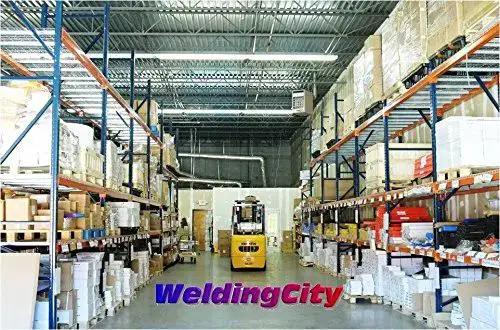 Warehouse interior with shelves holding various packaging materials and a forklift, bearing 'WeldingCity' logo, in a distribution setting.