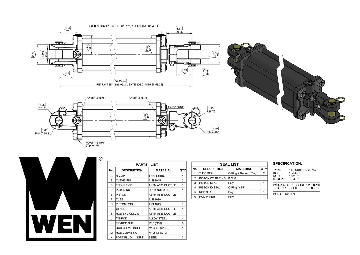 Diagram and 3D rendering of Wen TR4024 Tie Rod Hydraulic Cylinder 2500 PSI Four Inch Bore Twenty Four Inch Stroke With Half Inch Rod