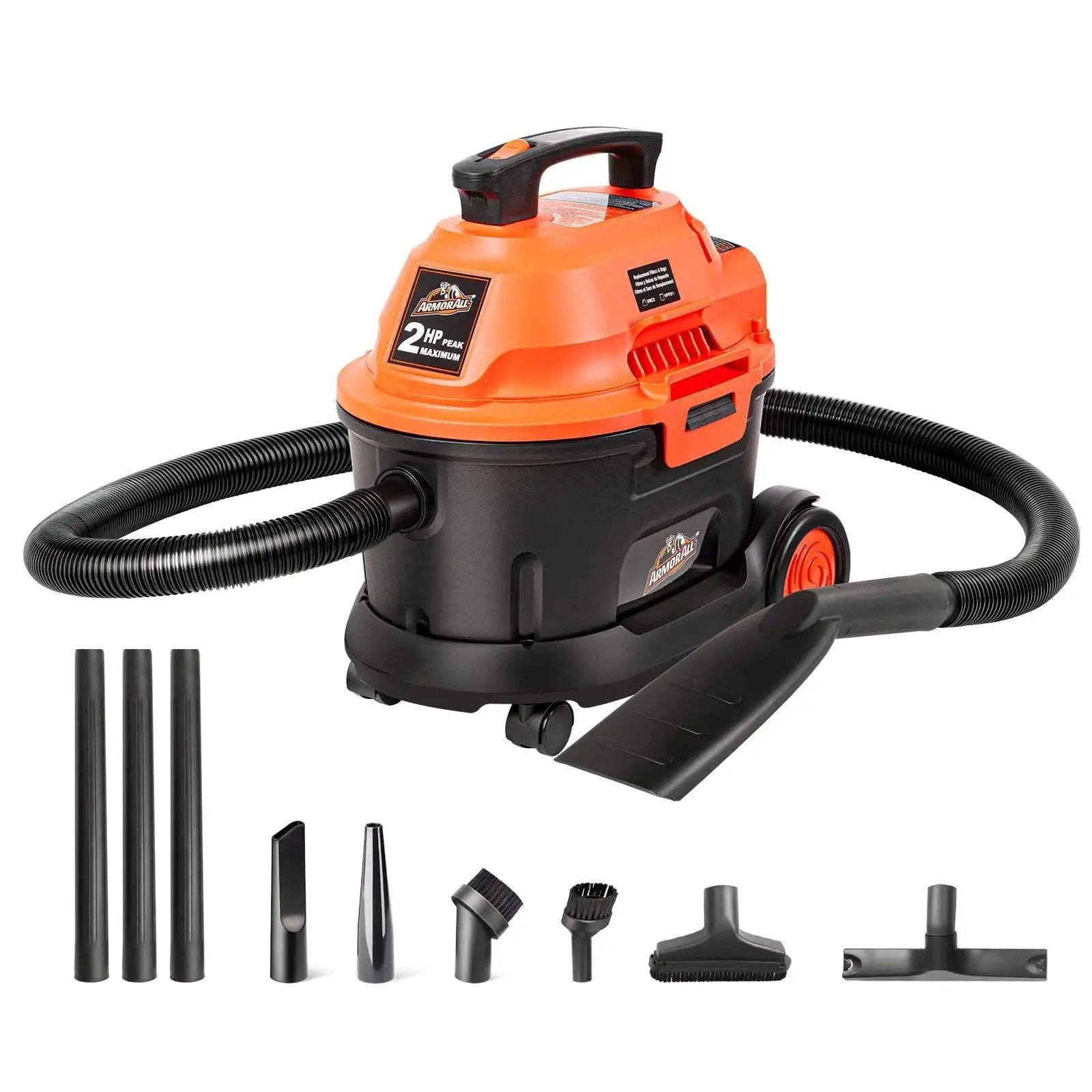 Wet Dry Vacuum, Two Point Five Gallon, 2 Peak HP, 120 Volt AC, Portable Compact Utility Vacuum With Blower, Orange And Black, with accessories