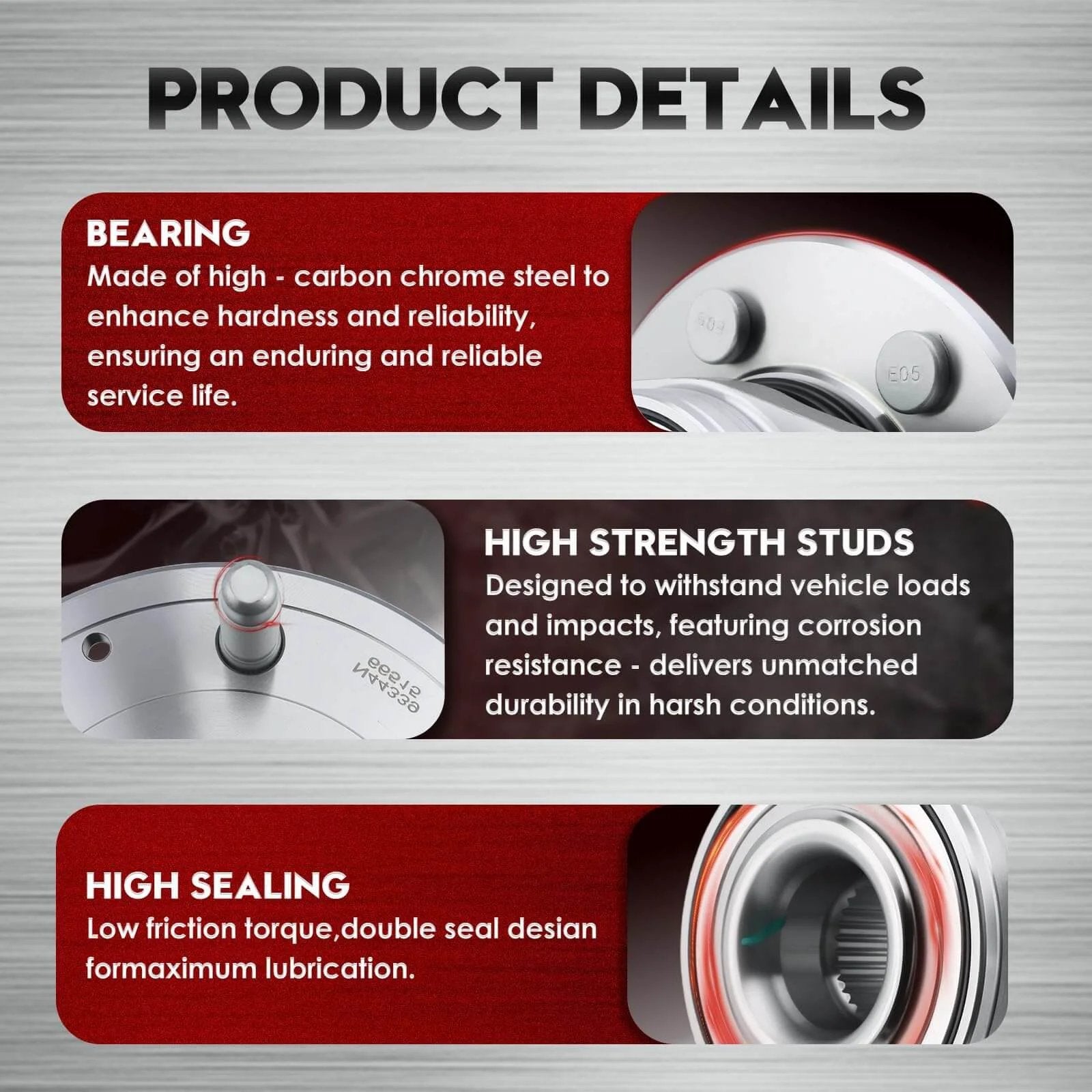 Image detailing the high-carbon steel bearing, high-strength studs, and high sealing of 515160 Front Wheel Bearing and Hub Assembly.