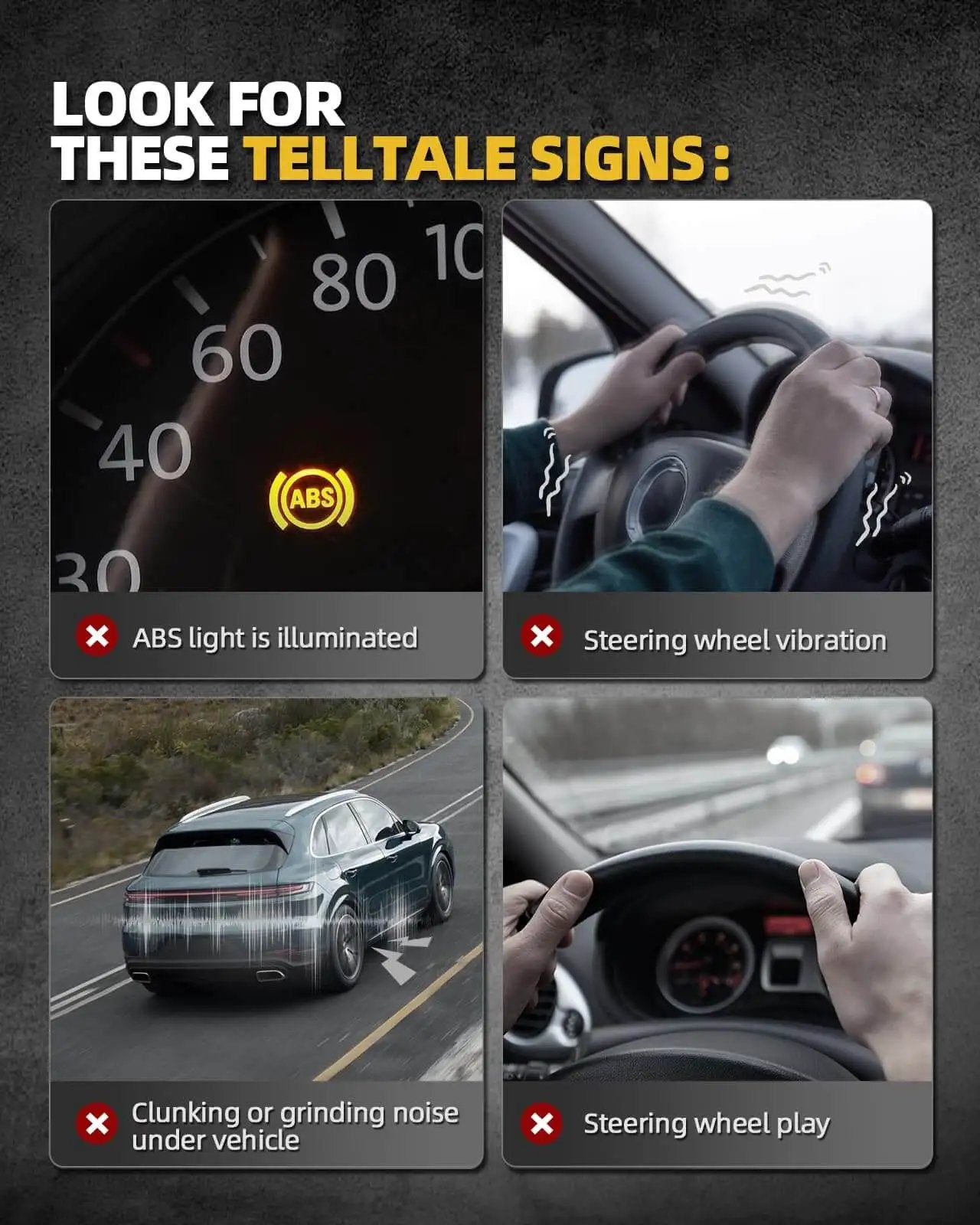 Signs of wheel bearing issues: ABS light on, steering wheel vibration, noise under vehicle, and steering wheel play.