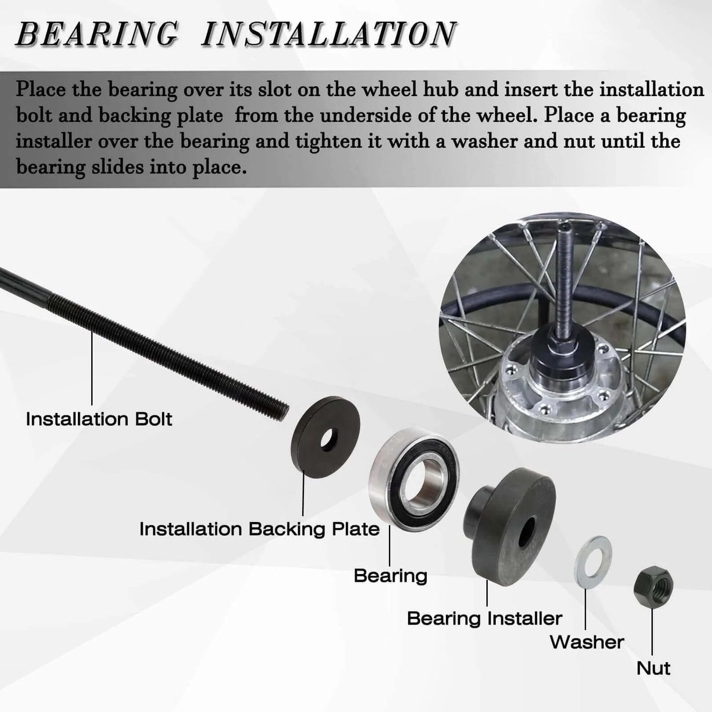 Installation guide for Wheel Bearing Puller Removal Motorcycle Tool Kit for Harley Davidson, showing bolt, bearing, and accessories