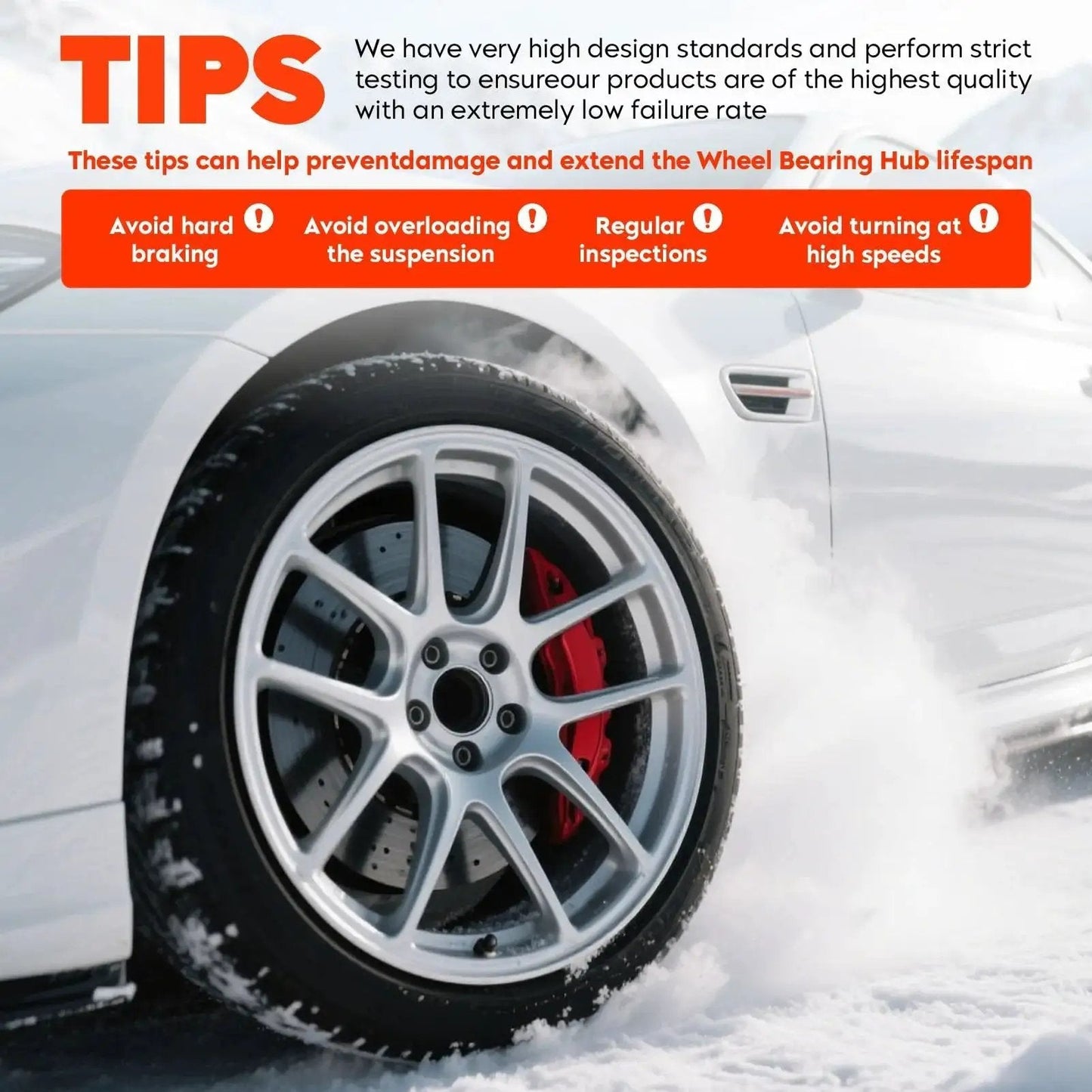 Close-up of a car wheel with red brake calipers on snowy road with safety tips about wheel bearing hub maintenance.