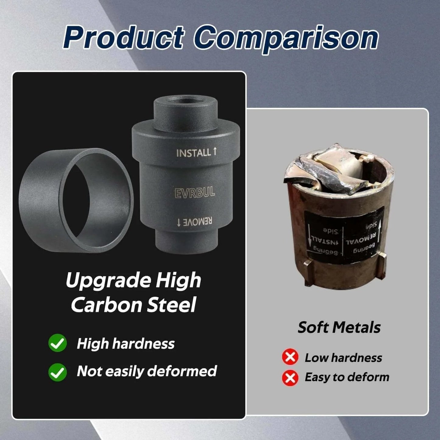 Product comparison of Upgraded Front/Rear Wheel Bearing Install and Removal Press Tool Kit, high carbon steel vs soft metals