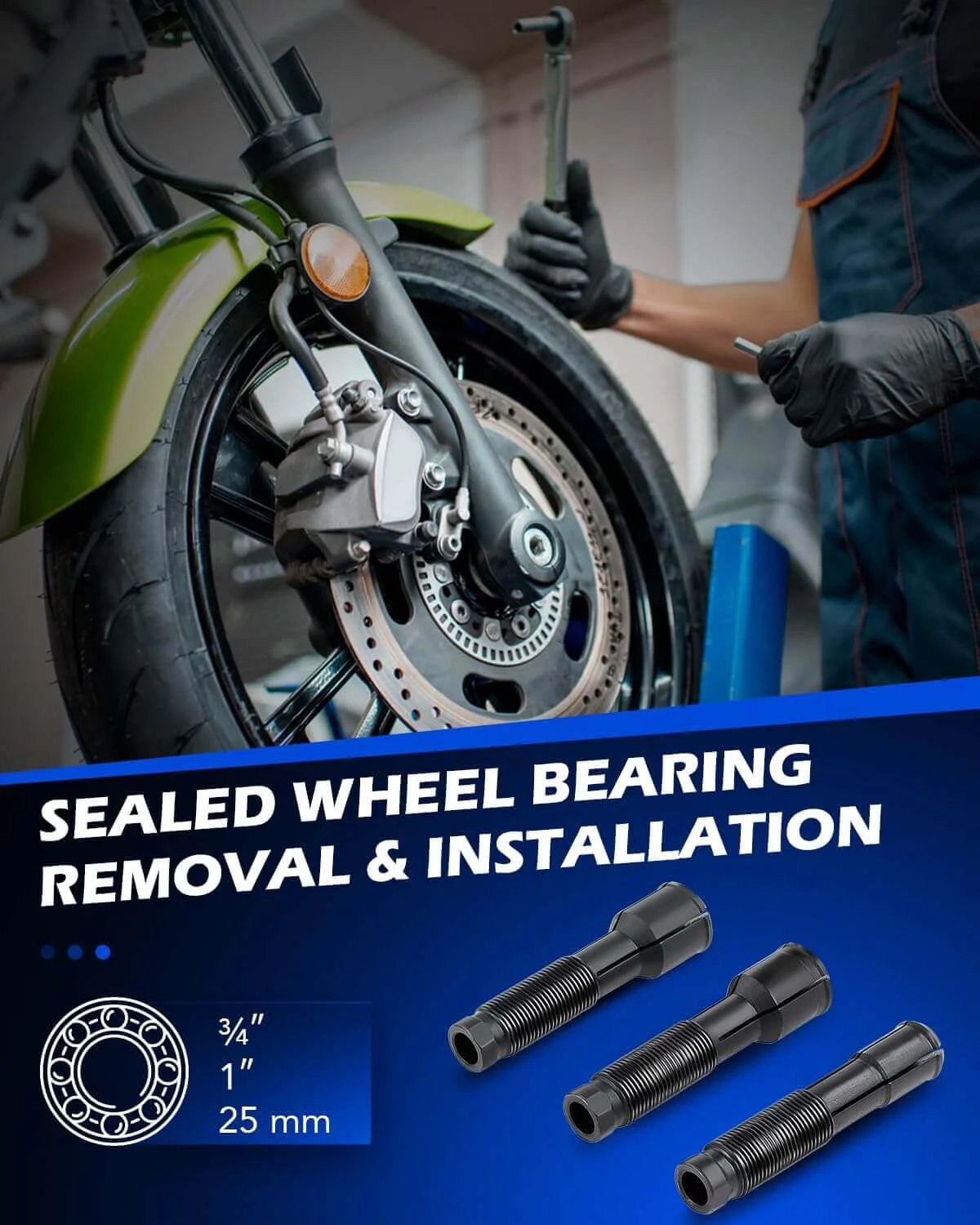 Mechanic using Wheel Bearing Puller Tool Kit Compatible with Harley Davidson Motorcycles for 0.75" 1" 25mm bearings installation