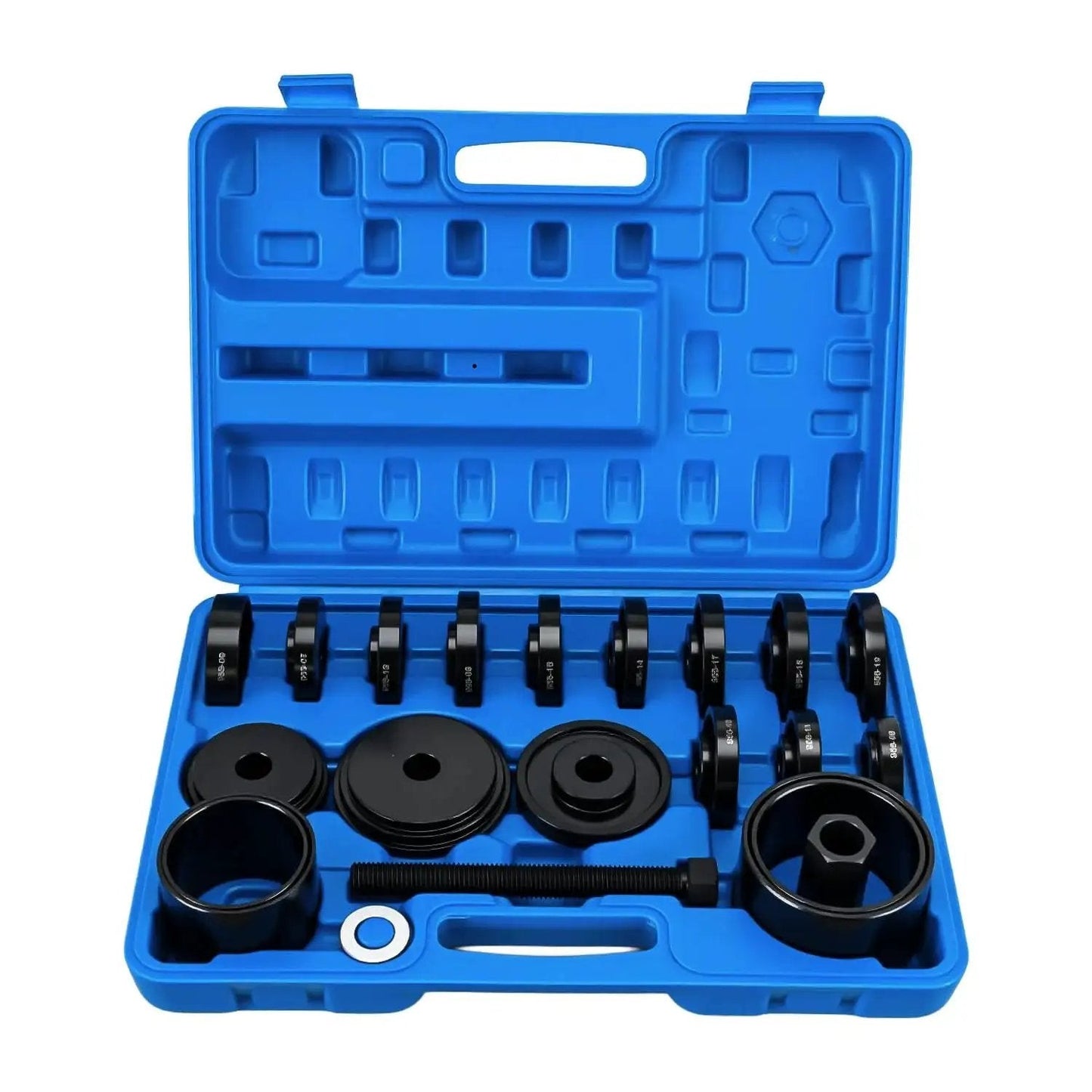 Open blue case showing Wheel Bearing Removal Tool Kit 23 Piece Set For Front Wheel Drive Vehicles Universal Hub Bushing Press Sleeves Puller