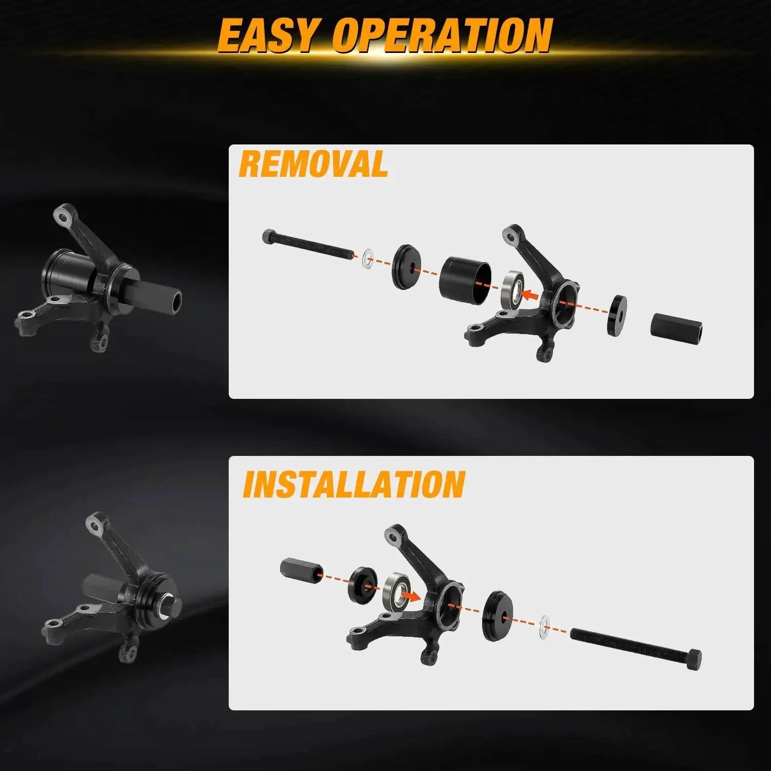 Diagram showing removal and installation with Wheel Bearing Removal Tool Kit 23 Piece Set For Front Wheel Drive Vehicles Universal Hub.