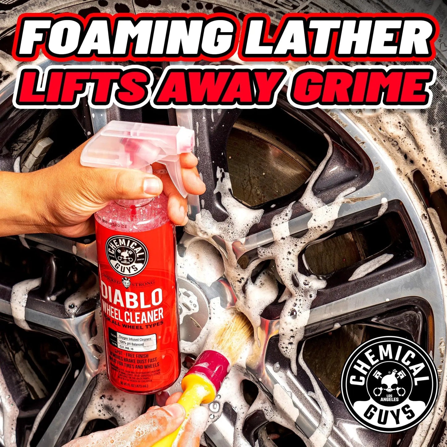 Diablo Wheel Cleaner Spray Two Pack 16 Oz Bottles being applied to chrome wheel with brush, foaming lather lifts grime