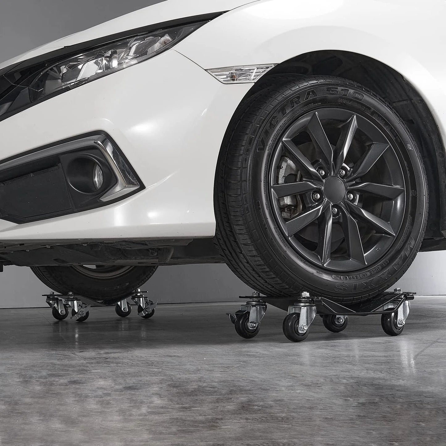✝️ Wheel Dolly, 3000 lbs Car Moving Dolly, Wheel Dolly Car Tire Stake Set of 2 Piece, Heavy-Duty Car in use under car tire
