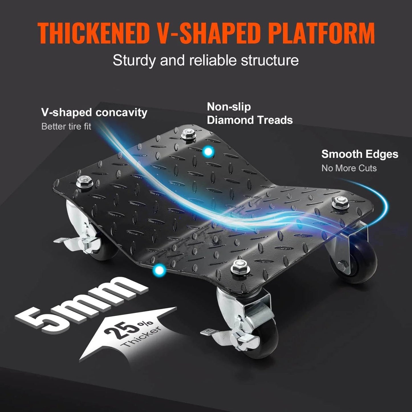 Thickened V-shaped wheel dolly showing non-slip treads, smooth edges, and 5mm thickness for "✝️ Wheel Dolly, 3000 lbs Car Moving Dolly" set.