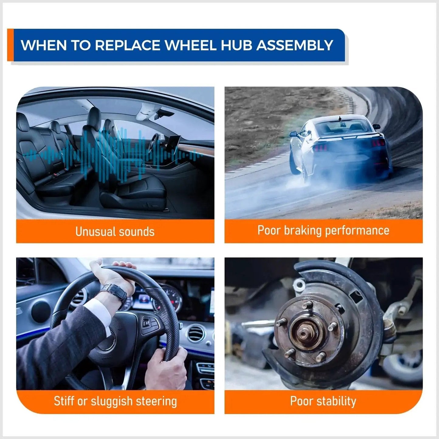 Graphic illustrating signs to replace wheel hub assembly: unusual sounds, poor braking, stiff steering, and poor stability.