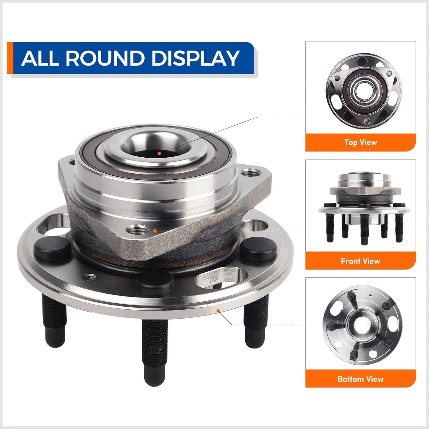 513288 Front or Rear Wheel Hub Bearing Assembly Pair, 5 Lug with ABS, top, front, bottom views for Chevy Malibu, Impala, GMC Terrain.