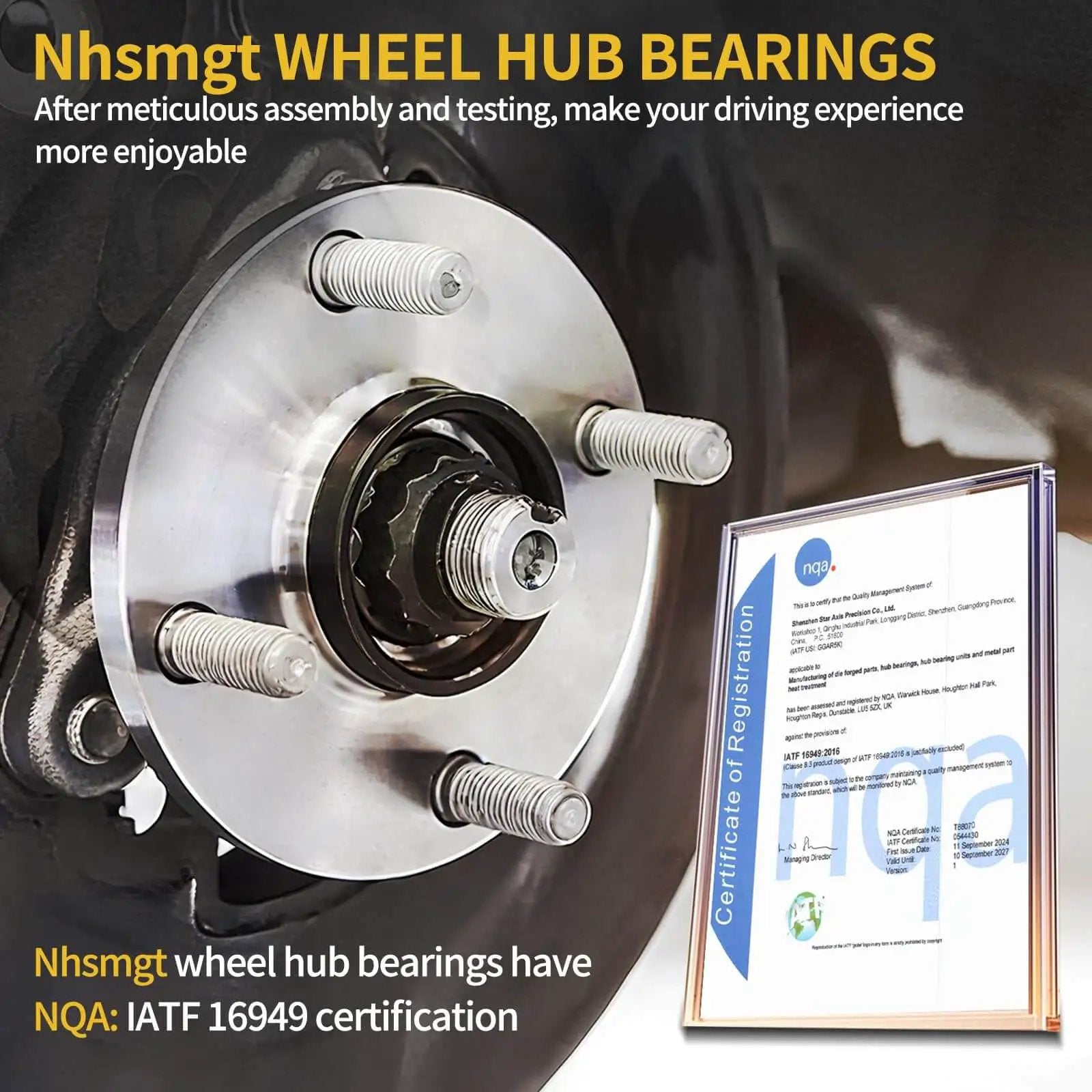 Front Wheel Bearing Hub Pair For RWD Chevy Silverado 1500 Sierra 1500 Tahoe Suburban 1500 Yukon Escalade Avalanche 1500 Express Savana 1500 2500 Six-Lug ABS Compatible Two-Piece shown installed with certification