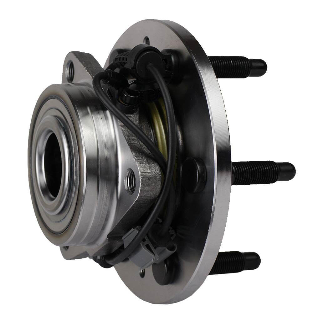 515096 Front Wheel Hub and Bearing Assembly for Chevy Tahoe Silverado Avalanche Suburban Cadillac Escalade and GMC Yukon Sierra, 4WD OE Replacement with ABS and 6 Lug Design for 2007 to 2014 Models, shown in side view with connected wiring harness.