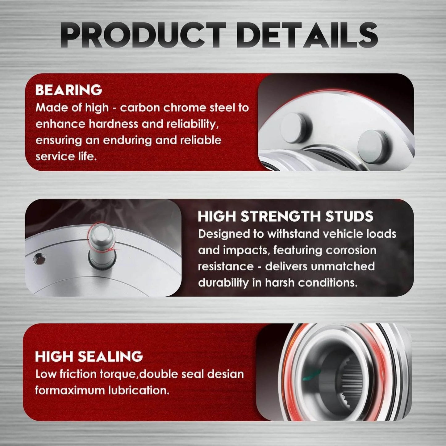 Product details of 2 Pack 515097 Front Wheel Hub Bearing Assembly for Cadillac Escalade ESV Chevy Silverado Avalanche Suburban Tahoe and GMC Yukon Sierra 1500, 2WD OE Replacement with ABS Sensor and 6 Lug Design featuring high-carbon steel bearing, high strength studs, and high sealing.
