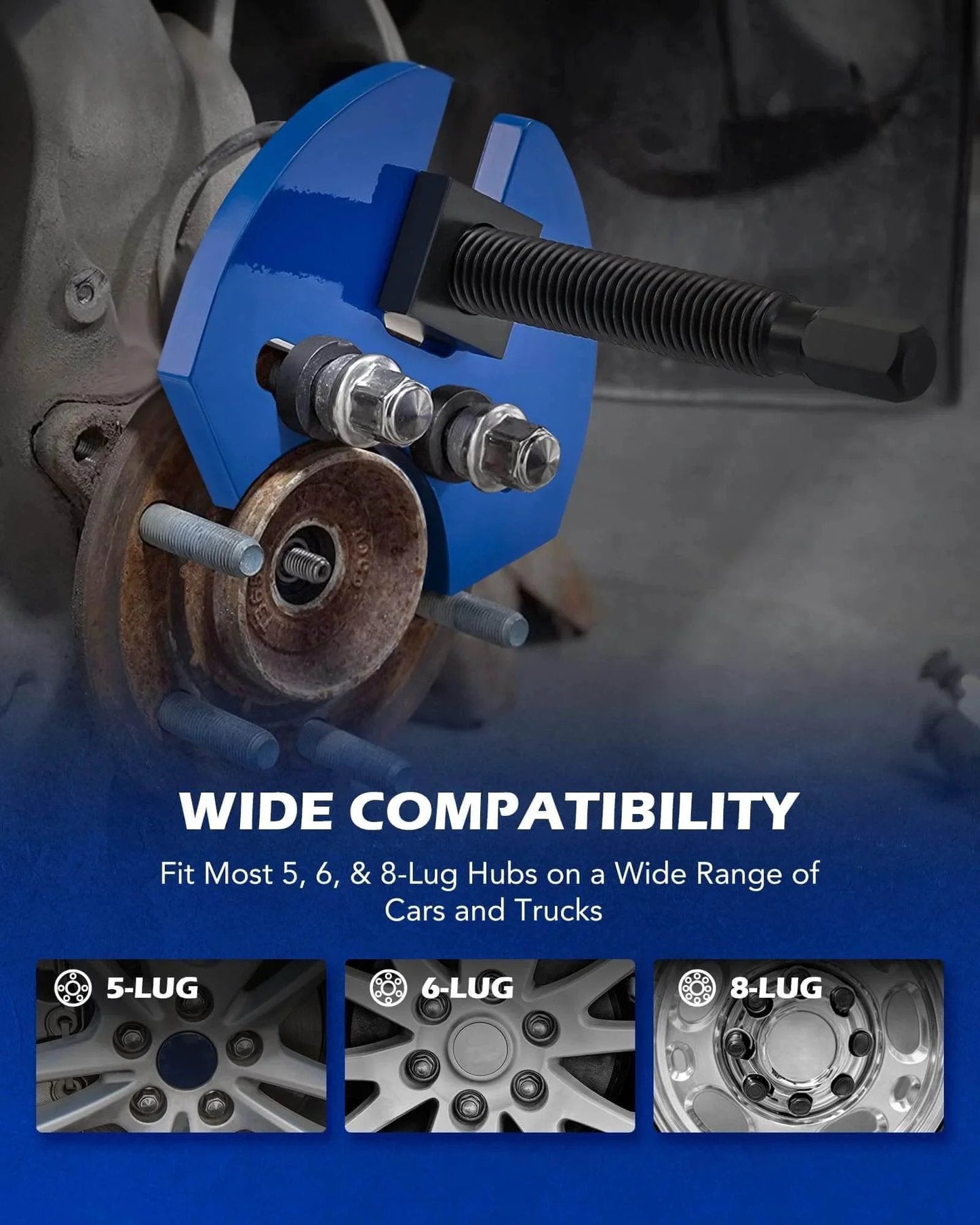 Wheel Hub Removal Tool Kit in use, showing compatibility with 5, 6, 8 lug hub assemblies on cars and trucks, featuring hub buster puller.