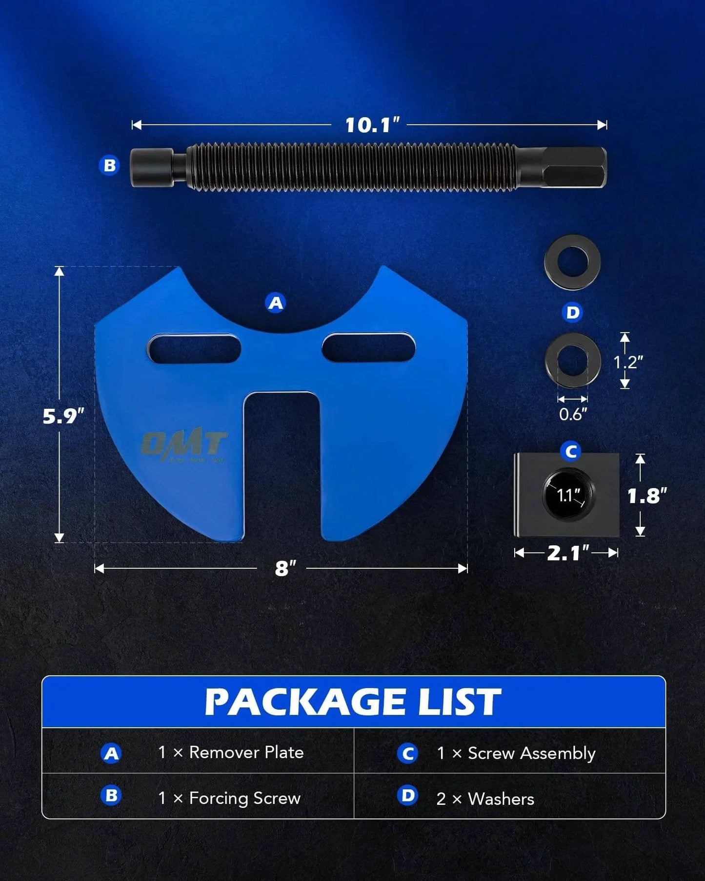 Components of Wheel Hub Removal Tool Kit including remover plate, forcing screw, washers, and assembly compatible with 5 6 8 lug hub assemblies.