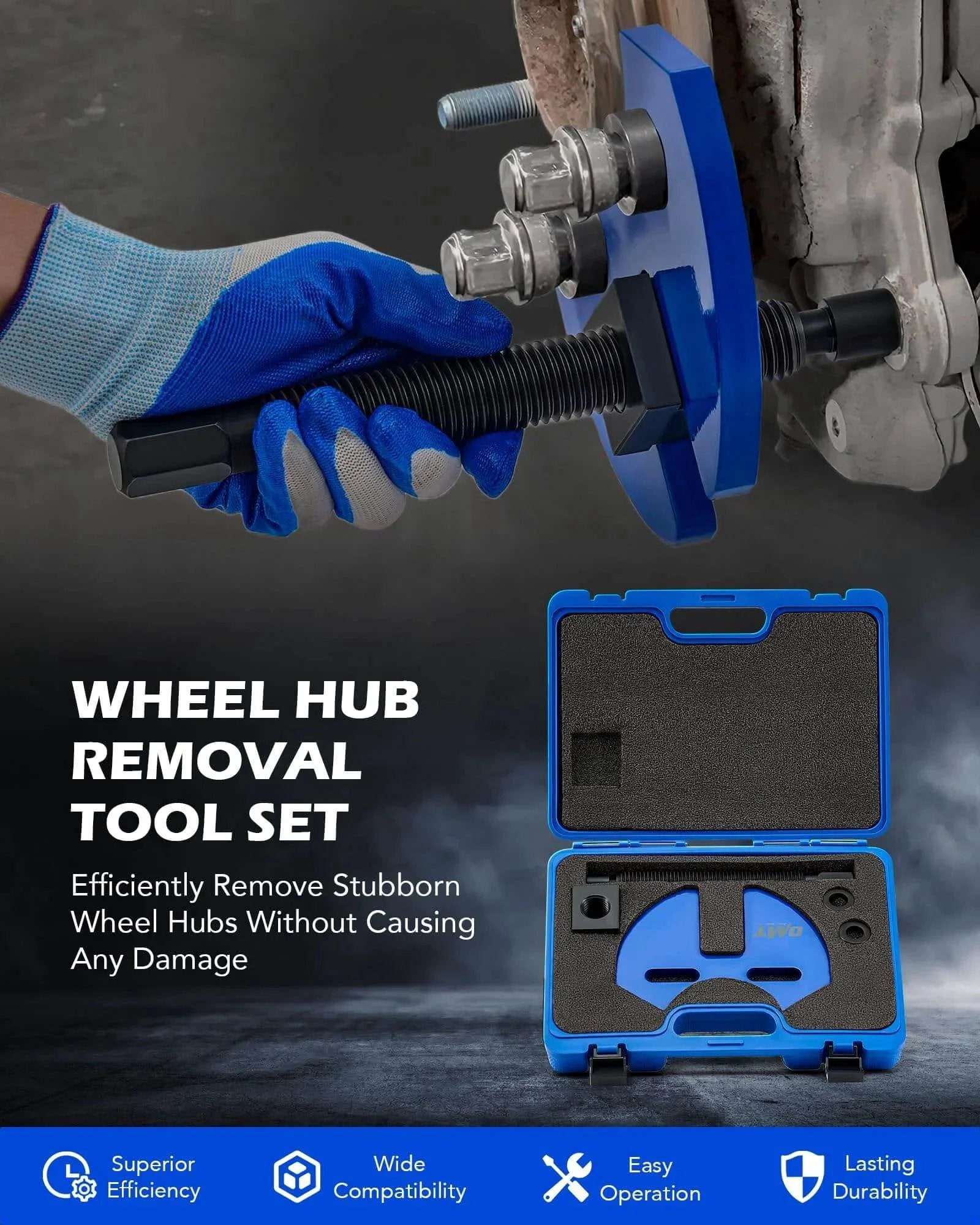 Close-up of Wheel Hub Removal Tool Kit in use on a car hub assembly, showcasing the remover tool with blue carrying case.
