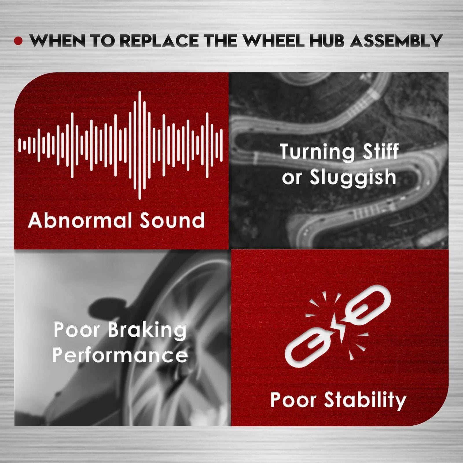 Signs for replacing wheel hub assembly: abnormal sound, stiff turning, poor braking, and stability issues.