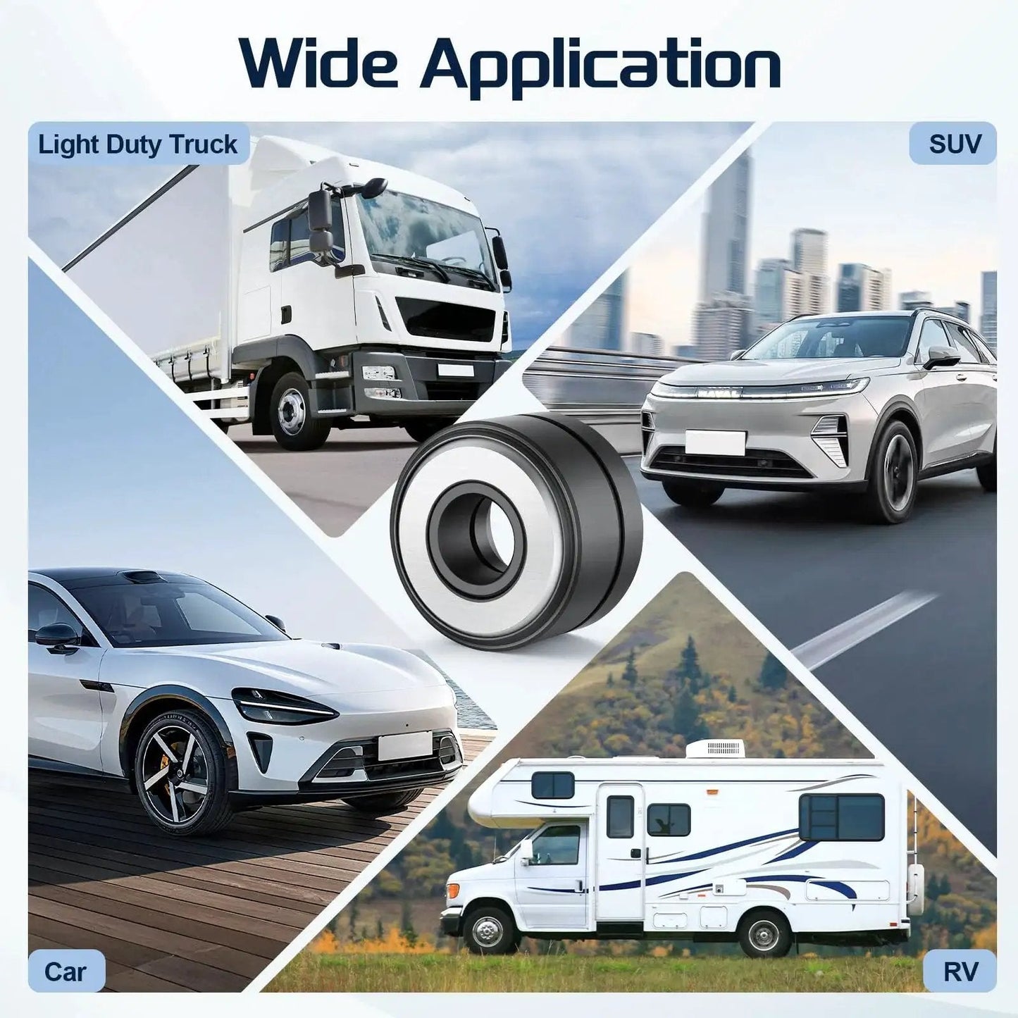Collage showing cars, SUV, RV, and truck with Wheel Stud Installer Tool 22800 Compatible With Most Cars SUVs RVs And Light Trucks