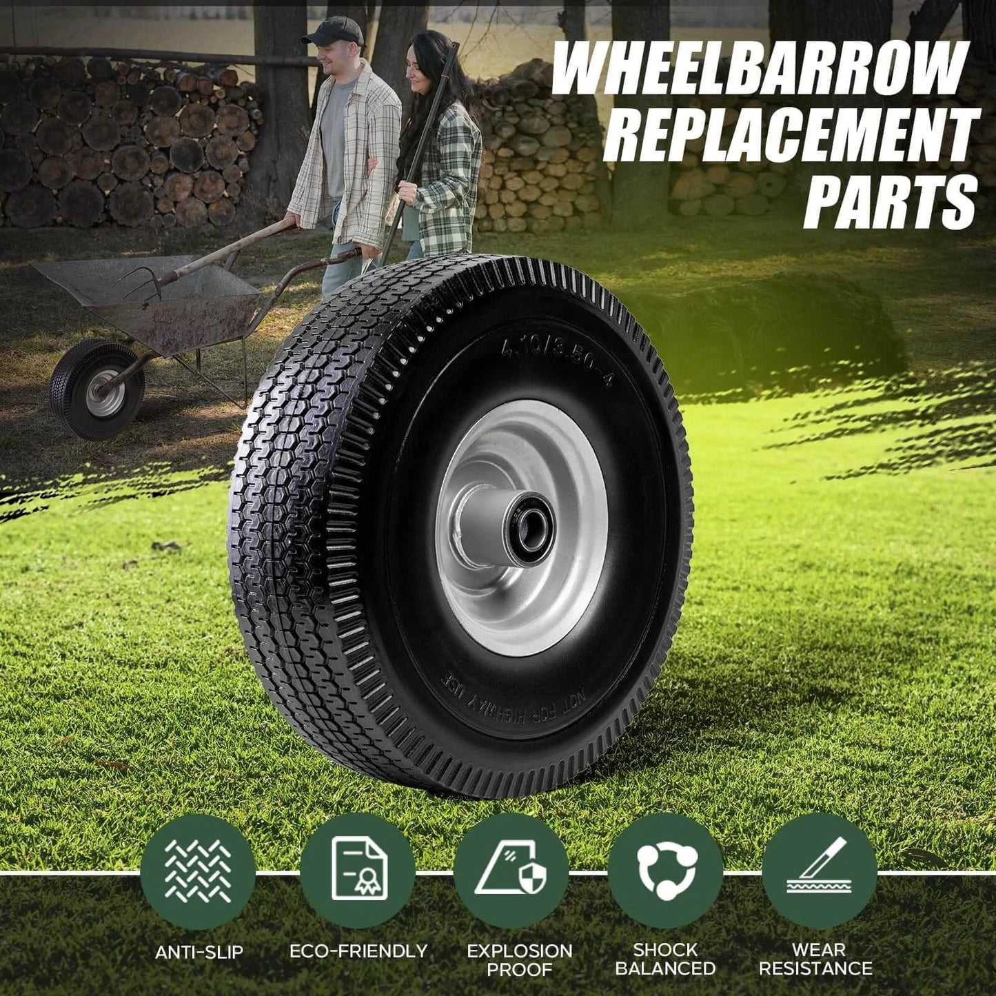 Wheelbarrow replacement featuring 4.10/3.50-4 tire & wheel flat free, heavy duty solid PU non-inflated tires, suitable for garden carts.