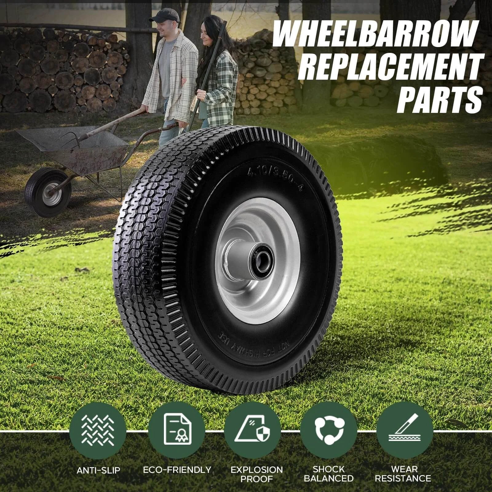 Wheelbarrow replacement featuring 4.10/3.50-4 tire & wheel flat free, heavy duty solid PU non-inflated tires, suitable for garden carts.