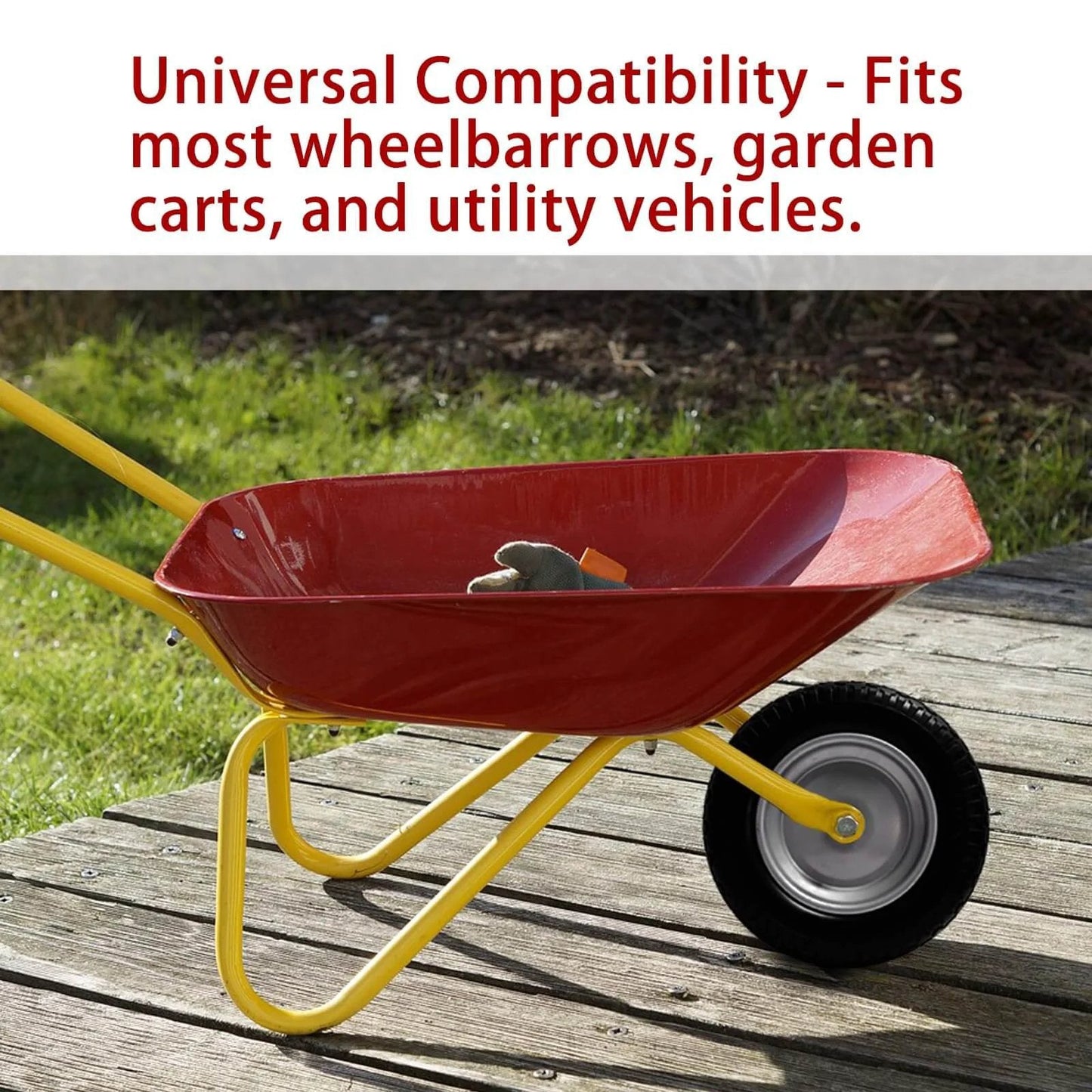 Red wheelbarrow with 14.5" wheelbarrow tire, 3.50-8" flat-free solid tire and wheel, showing universal compatibility feature.