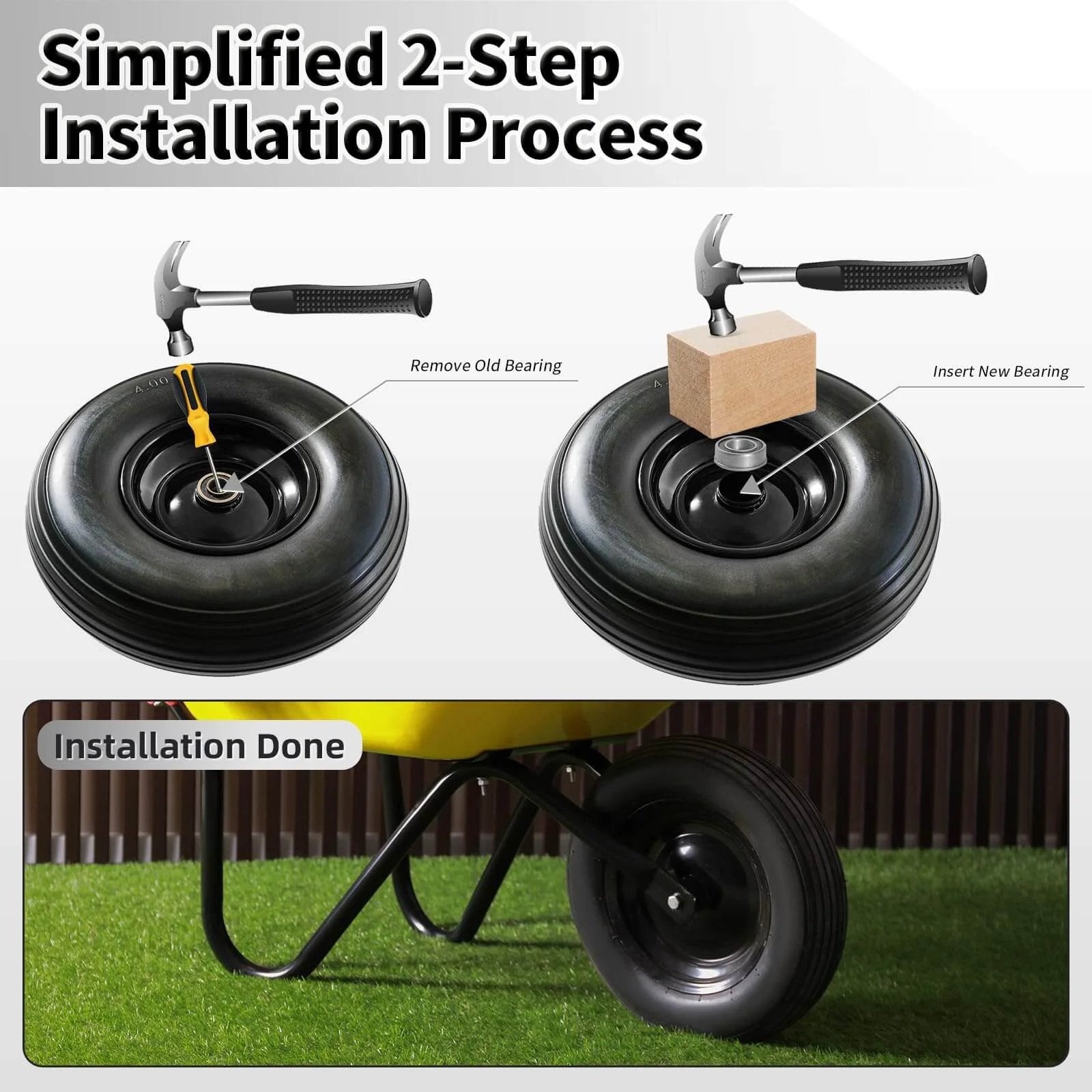 ✝️ Wheelbarrow wheel 4.00-6 tire 13"flat free wheelbarrow tires installation steps with hammer for garden cart or dolly