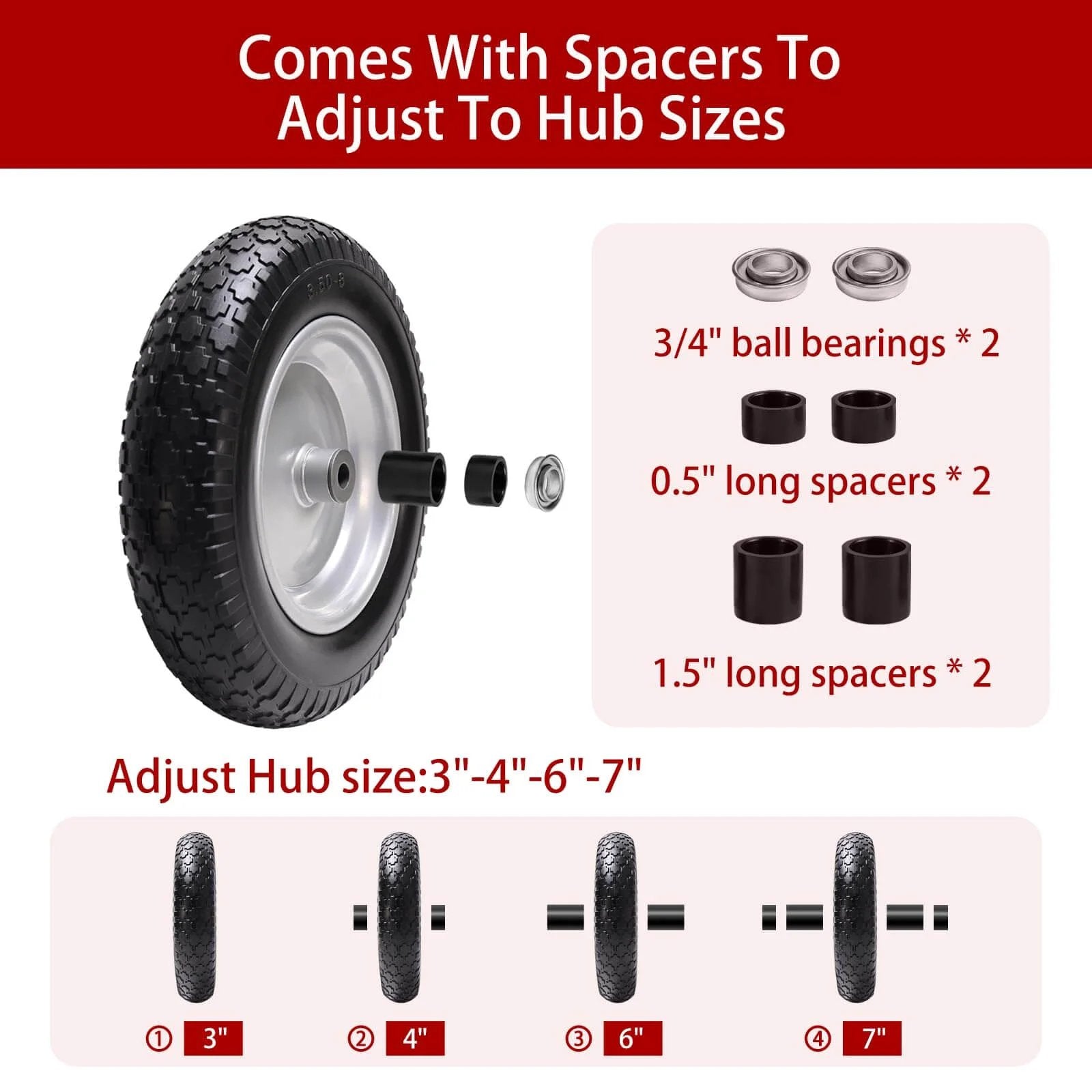 14.5" wheelbarrow tire, 3.50-8" flat-free solid tire and wheel with spacers for adjustable hub sizes, bearings shown