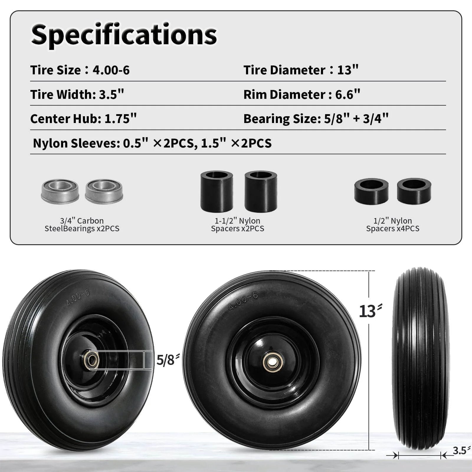 Specifications for Wheelbarrow wheel 4.00-6 tire 13 flat free wheelbarrow tires, solid wheel barrow wheels with bearings and spacers.