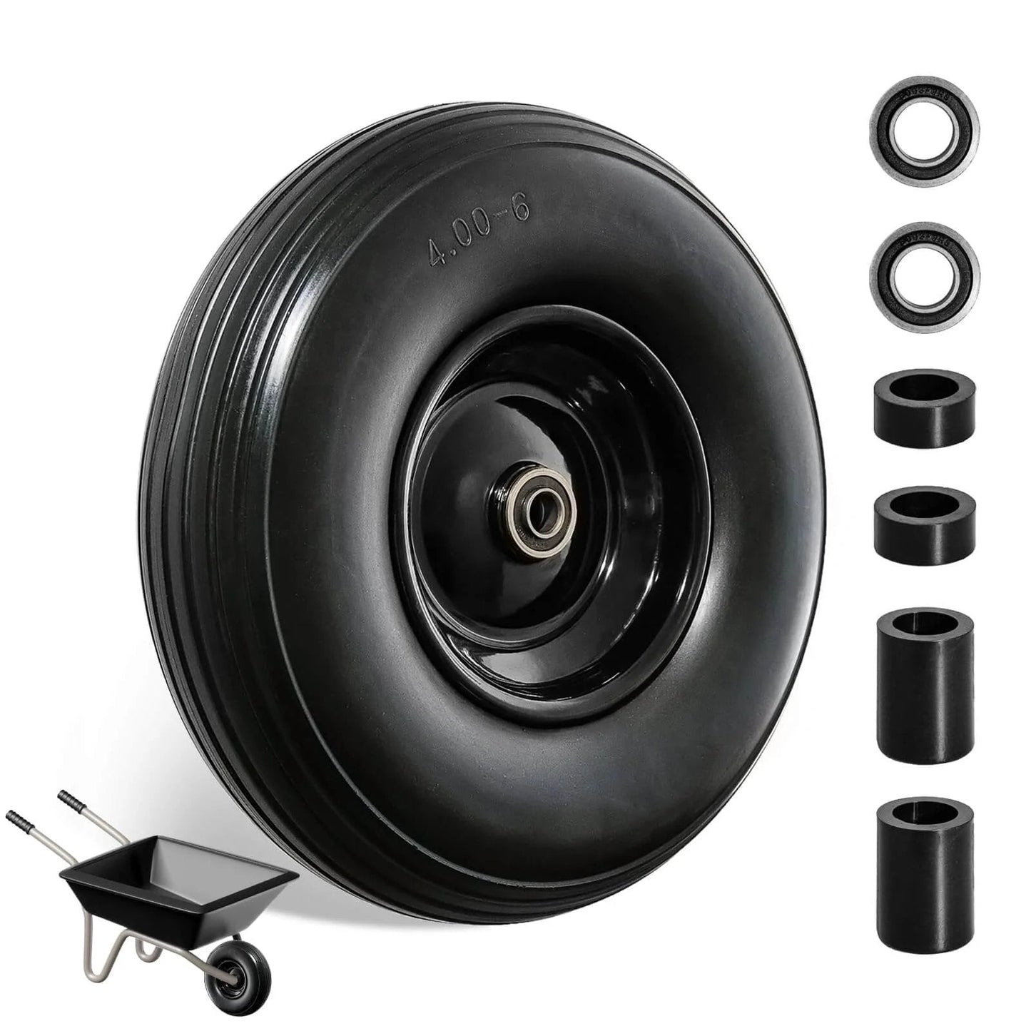 Wheelbarrow wheel 4.00-6 tire 13"flat free wheelbarrow tires, solid wheel barrow wheels, 5/8"3/4" bearings, 1.75" hub